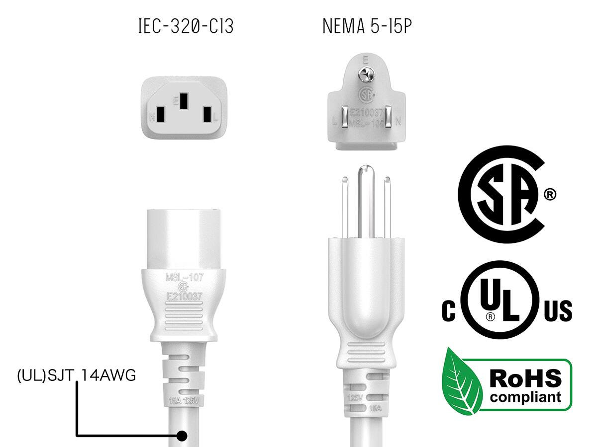 Cable Leader 14 AWG Heavy Duty Computer Power Cord, NEMA 5 15P to IEC ...