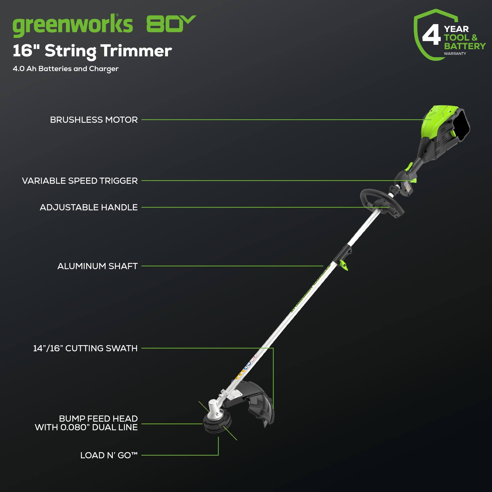 greenworks 80V  
16" String Trimmer  
4.0 Ah Batteries and Charger  

- BRUSHLESS MOTOR  
- VARIABLE SPEED TRIGGER  
- ADJUSTABLE HANDLE  
- ALUMINUM SHAFT  
- 14"/16" CUTTING SWATH  
- BUMP FEED HEAD WITH 0.080" DUAL LINE  
- LOAD N' GO™  

4 YEAR TOOL & BATTERY WARRANTY