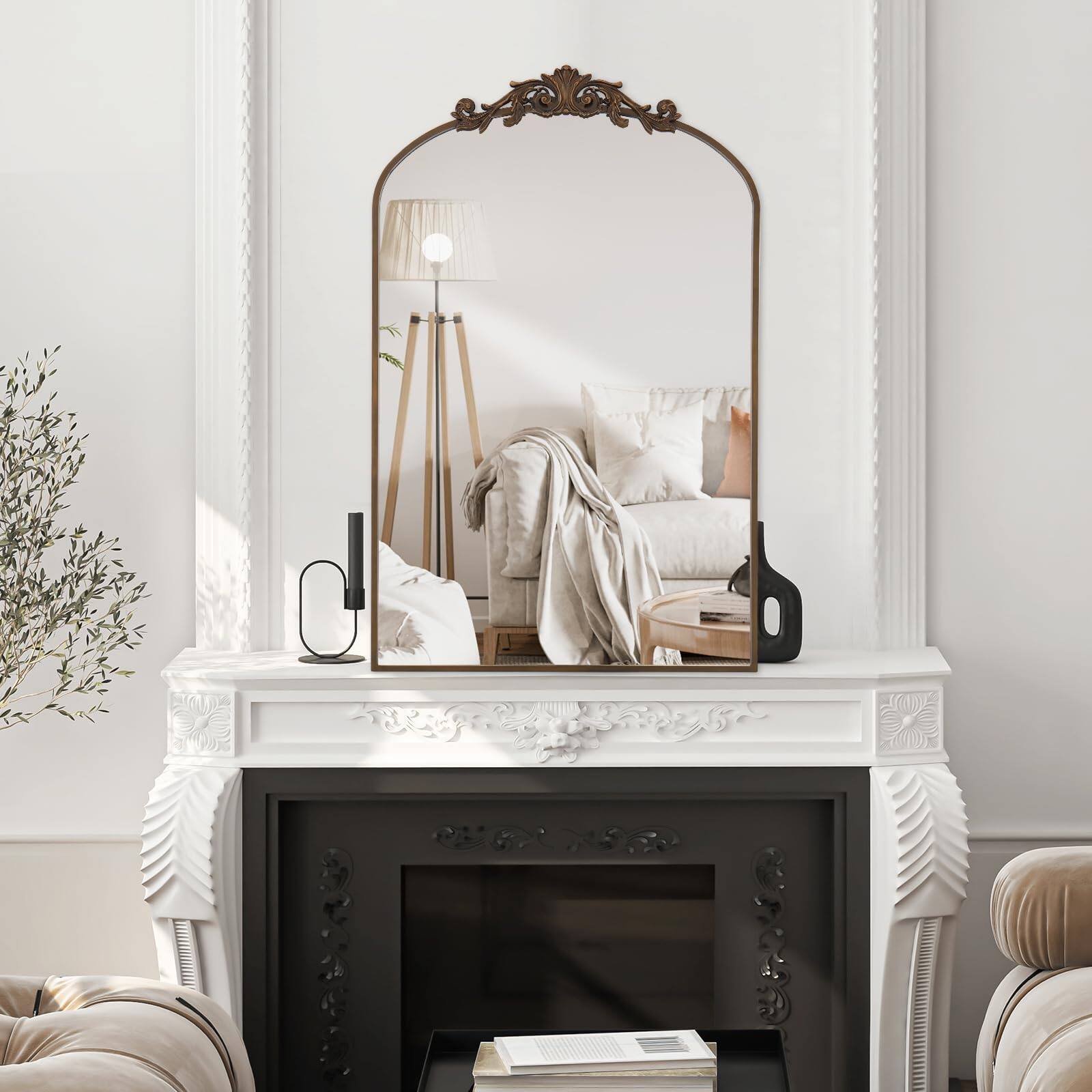 Alt View 5. Comfort Essence - Filigree Arched Wall Mirror 26"x38" Retro Wall-mounted With Vintage Ornate Carved Applique Hanging Leanin... - Gold-38"L x 26"W.