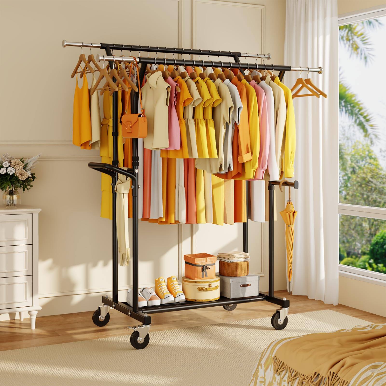 Alt View 8. Hirose Alice - Heavy Duty Clothes Rack: Rolling Clothing Rack for Hanging Coat Double Rods Wardrobe Garment Racks with - White.