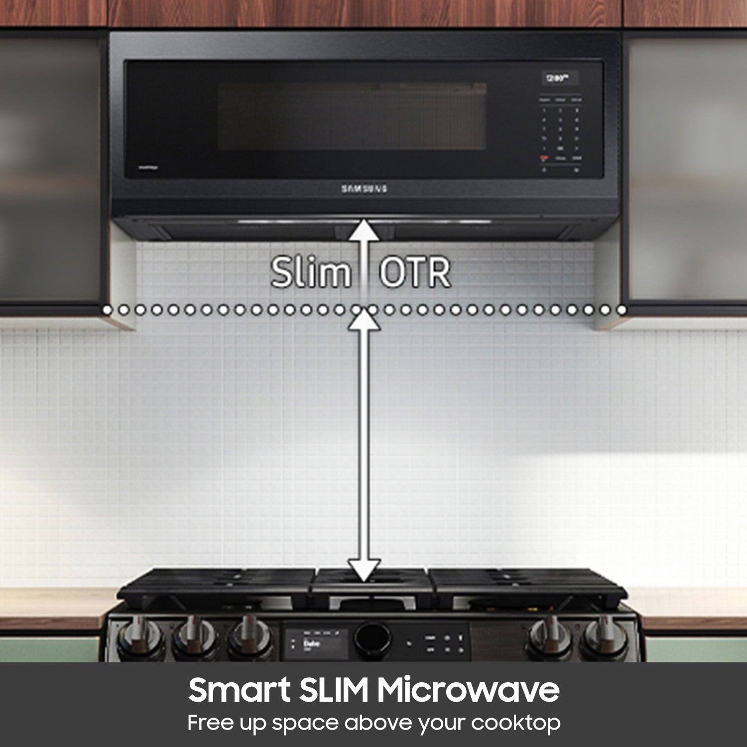 The text on the image reads: "9" Sams vS Slim OTR Smart SLIM Microwave Free up space above your cooktop."