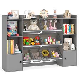 Costway - Kids Toy Storage and Bookshelf with 8 Boxes Open Shelves & 2 Single-door Cabinets - Gray
