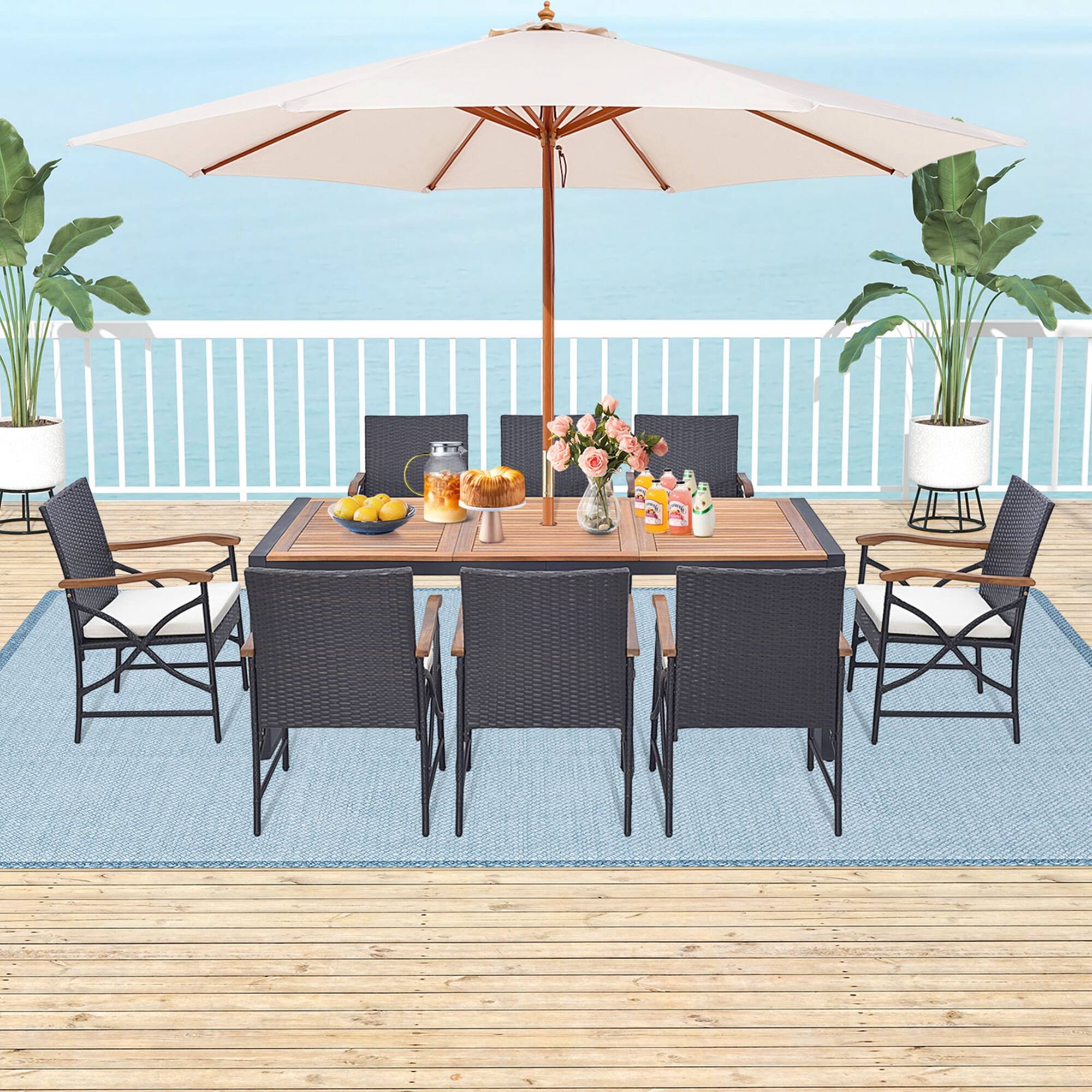 Alt View 1. Costway - 9 Pieces  Patio Rattan Dining Set with Acacia Wood Table, 1.9" Umbrella Hole - Mix Brown + Off White.
