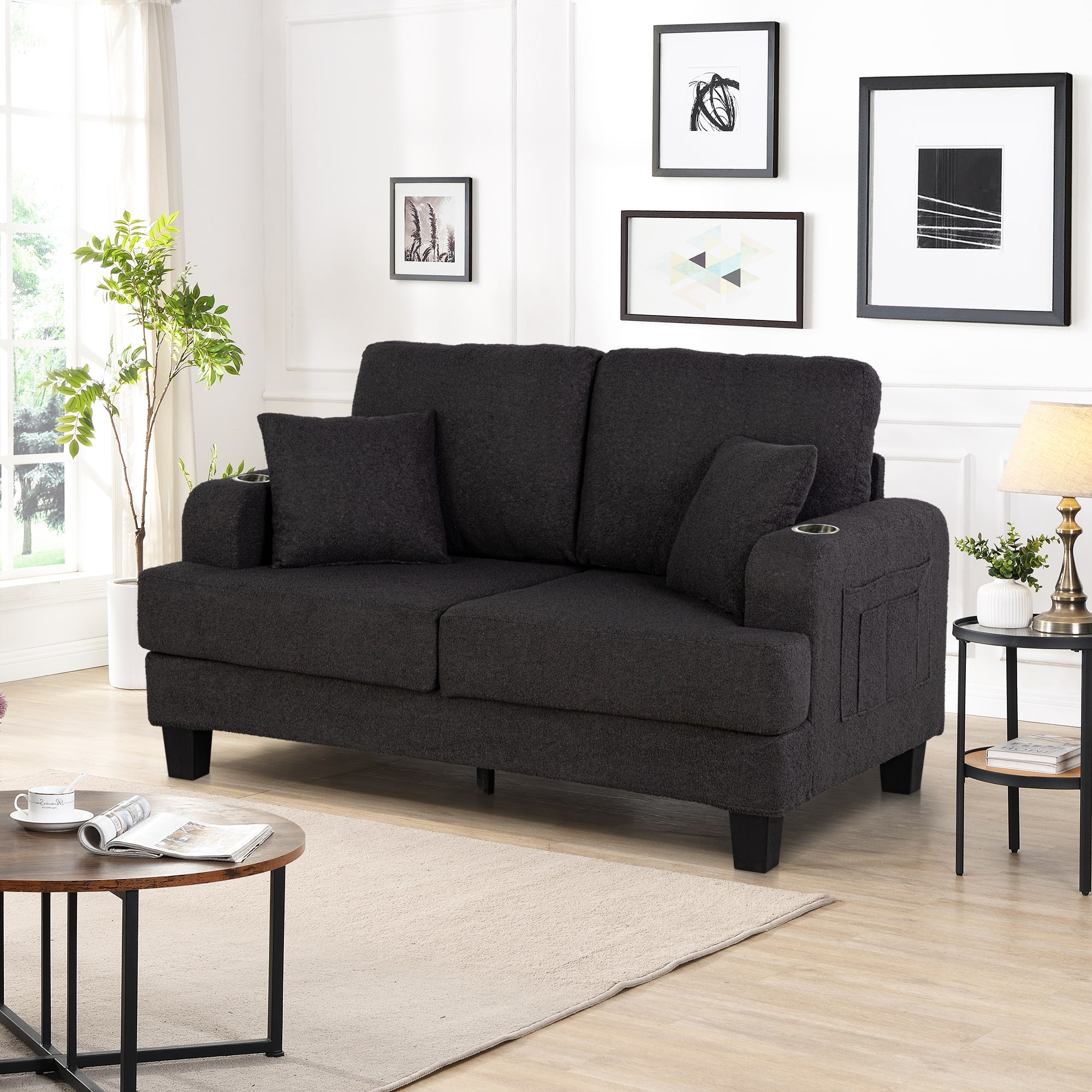 Parrot Uncle - Modern Double Loveseat Couch with Built-in Cup Holders and Soft Throw Pillows Cozy Seating for TV, Movies and Gaming - Charcoal black