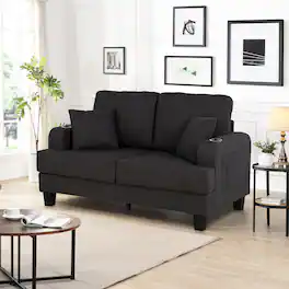 Parrot Uncle - Modern Double Loveseat Couch with Built-in Cup Holders and Soft Throw Pillows Cozy Seating for TV, Movies and Gaming - Charcoal black