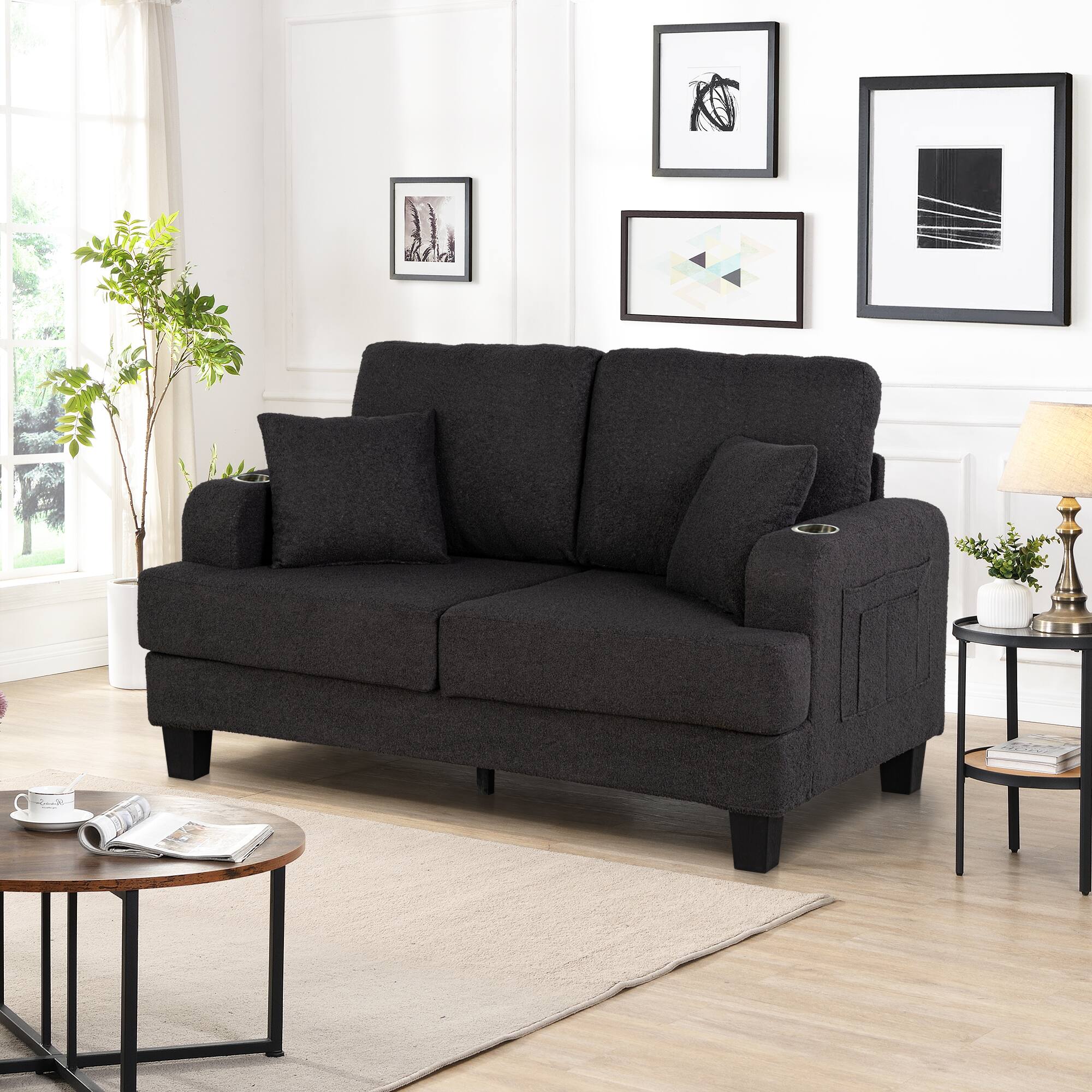 Angle. Vaczon - Modern Double Loveseat Couch with Built-in Cup Holders and Soft Throw Pillows Cozy Seating for TV, Movies & Gaming - Charcoal black.