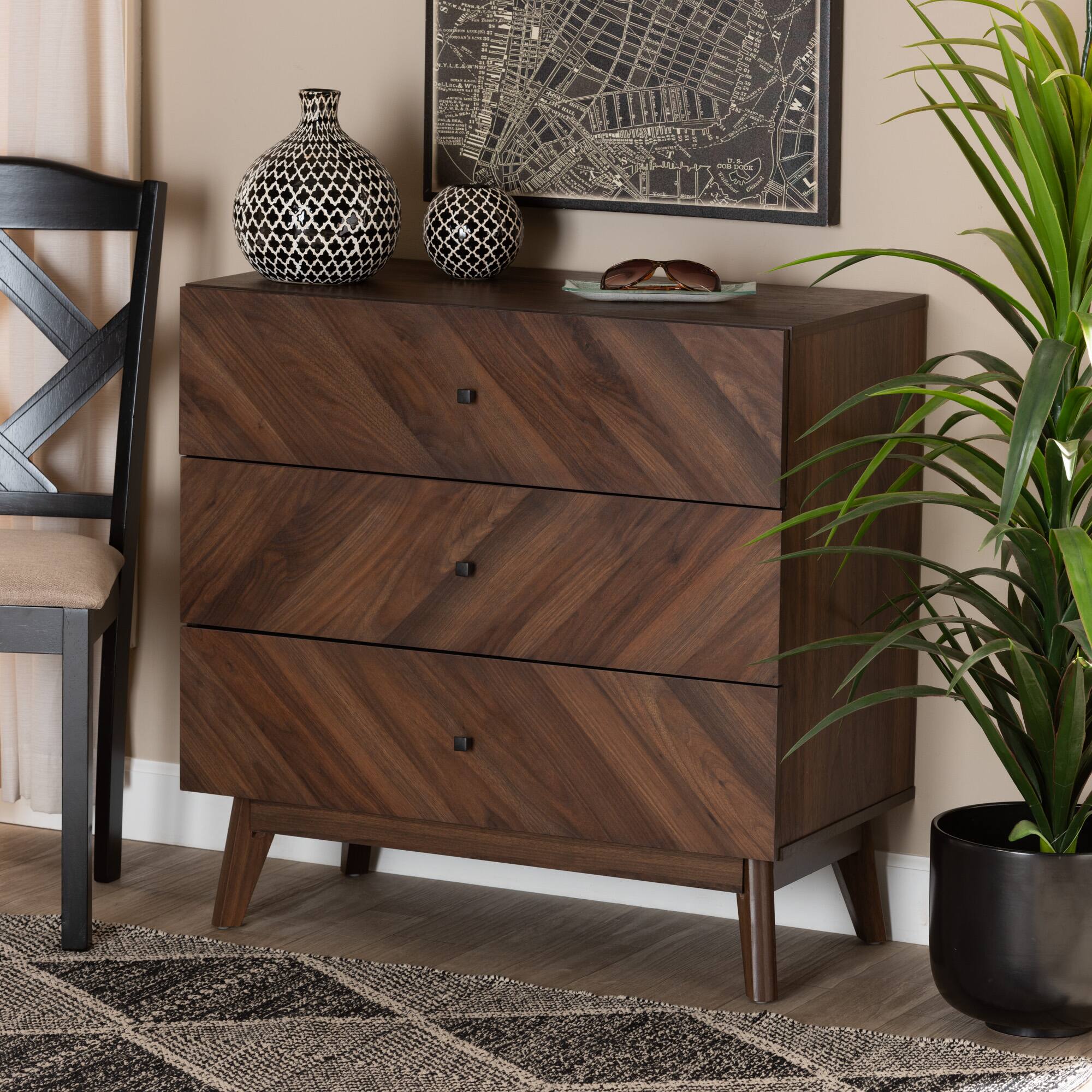 Alt View 4. Baxton Studio - Hartman Mid-Century Modern Finished Wood 3-Drawer Storage Chest - Walnut Brown.