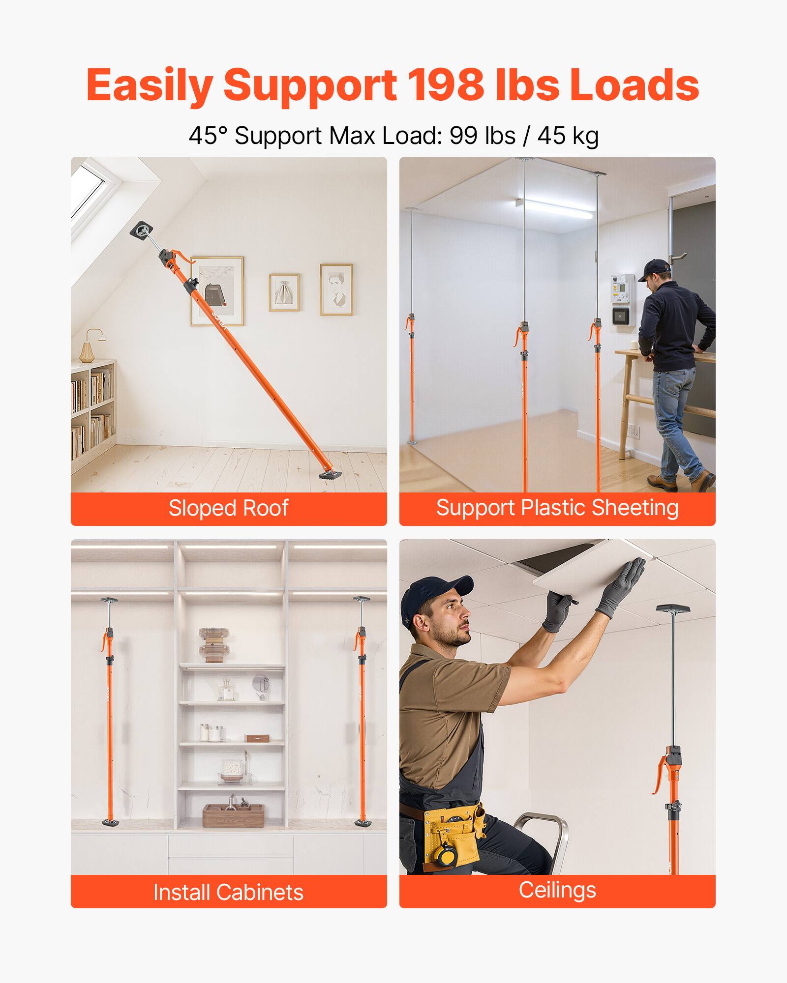 Easily Support 198 lbs Loads  
45° Support Max Load: 99 lbs / 45 kg  

- Sloped Roof  
- Support Plastic Sheeting  
- Install Cabinets  
- Ceilings