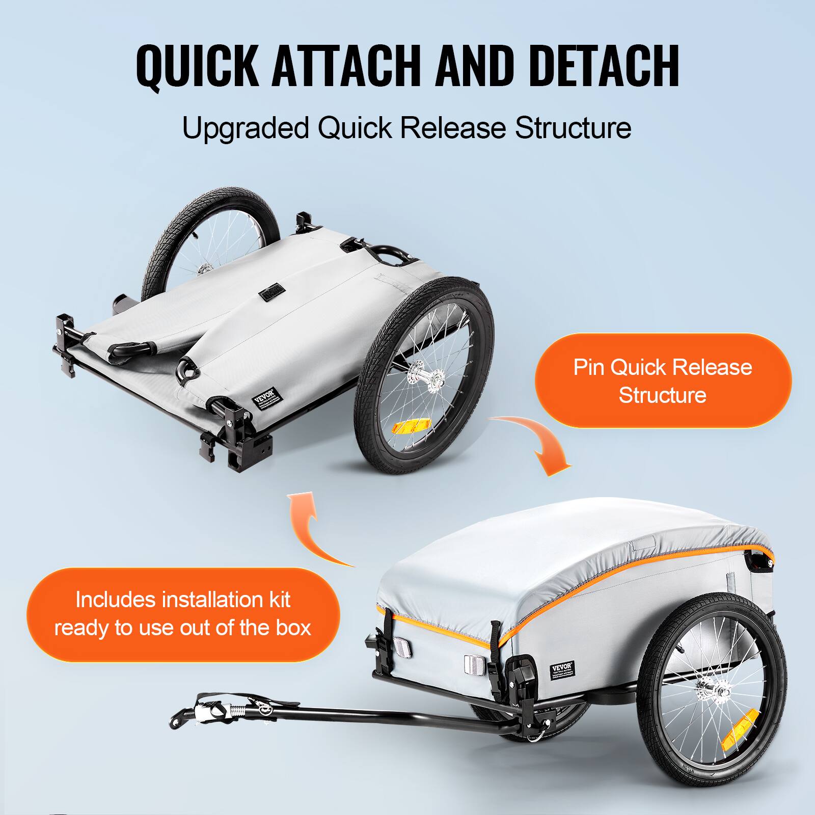 QUICK ATTACH AND DETACH  
Upgraded Quick Release Structure  

Pin Quick Release Structure  

Includes installation kit ready to use out of the box