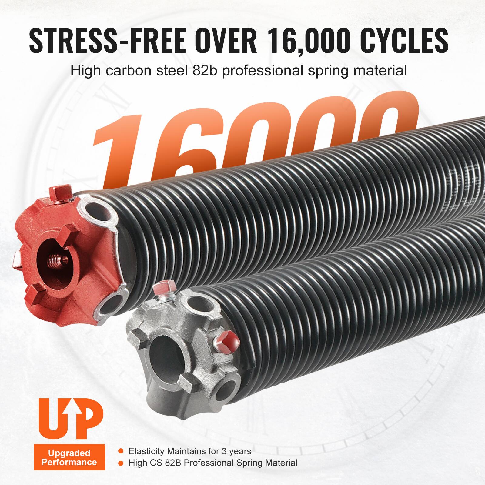 STRESS-FREE OVER 16,000 CYCLES  
High carbon steel 82b professional spring material  

16000  

Upgraded Performance  
- Elasticity Maintains for 3 years  
- High CS 82B Professional Spring Material