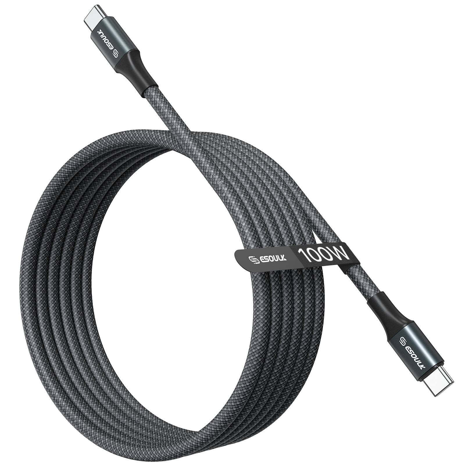 Esoulk - 6Ft 100W USB-C To USB-C Charging & Data Sync Cable For Samsung iPhone iPad Universal - Black