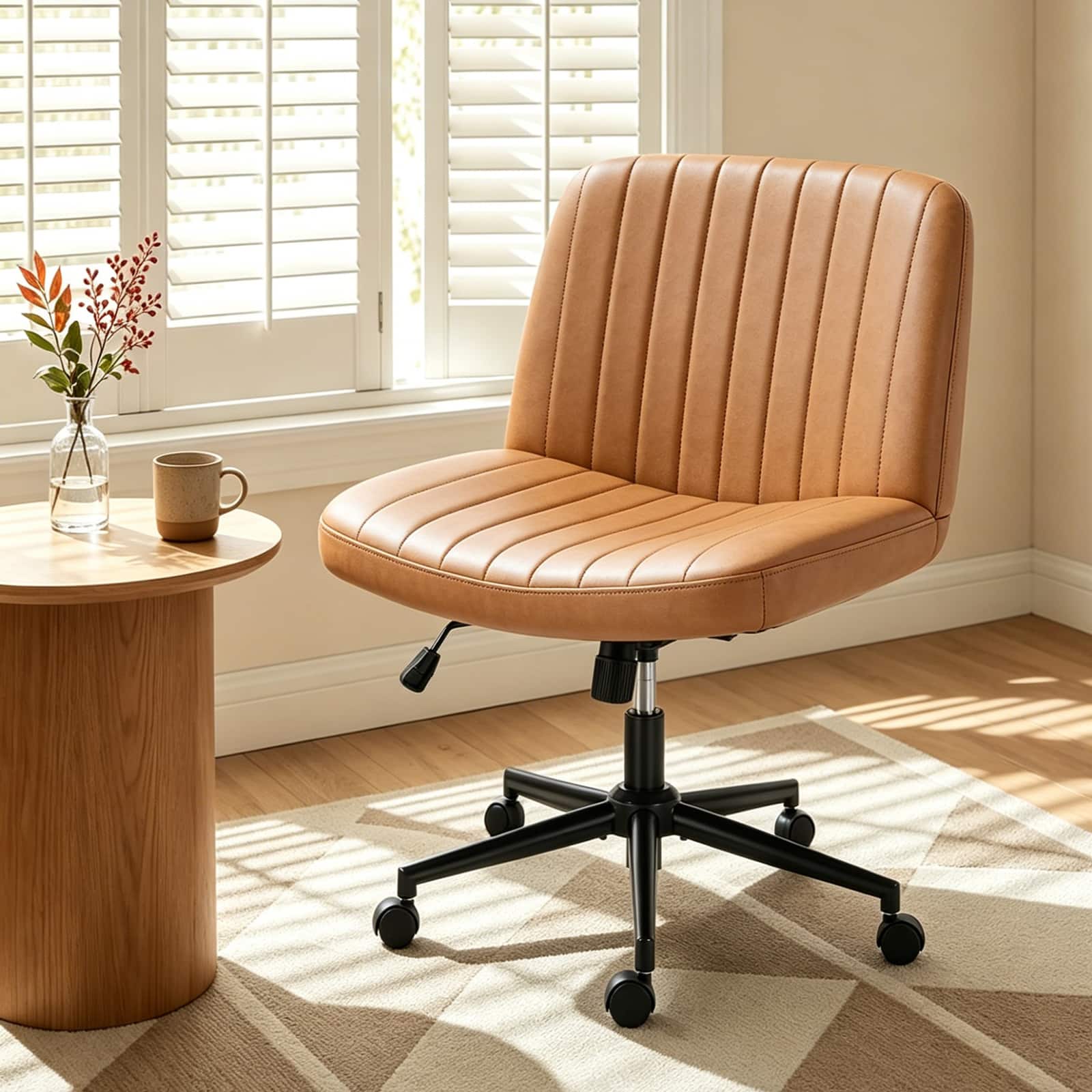 Sweet - Criss Cross Office Chair with Wheels Armless Desk Chair Comfy, Wide Seat PU Leather Vanity Chair - Brown