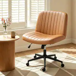 Sweet - Criss Cross Office Chair with Wheels Armless Desk Chair Comfy, Wide Seat PU Leather Vanity Chair - Brown