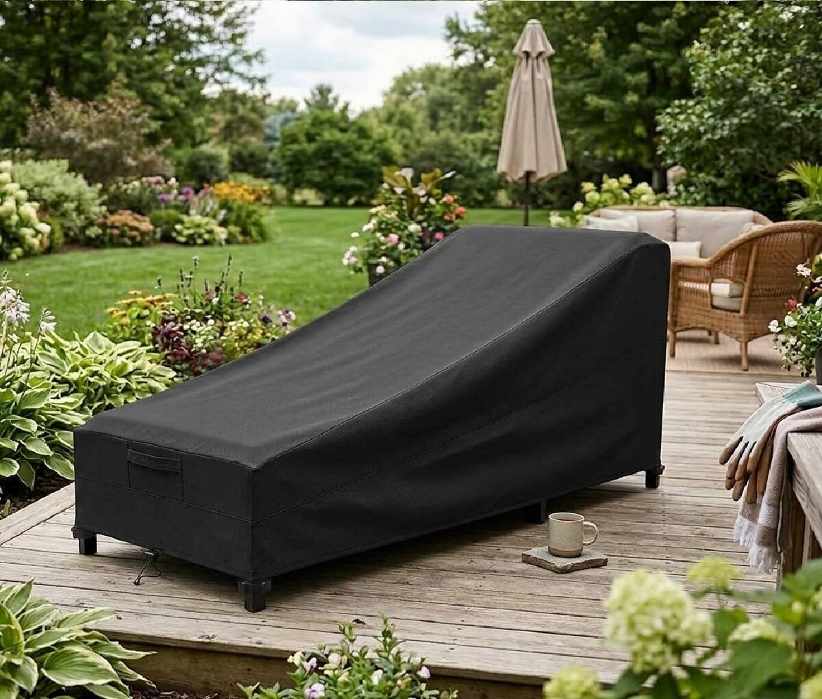 Left. KHOMO GEAR - Heavy-Duty Patio Chaise Lounge Chair Cover, Waterproof Outdoor Furniture Protector, Fade & Weather Resistant - Black.