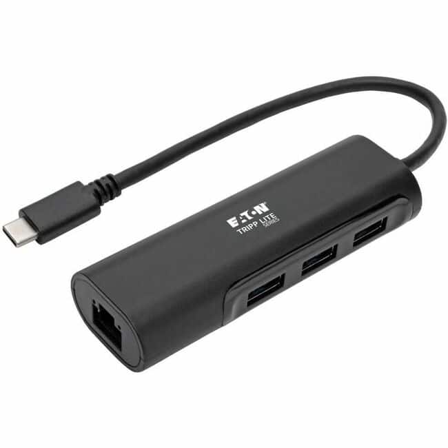 Eaton Tripp Lite Series 3-Port USB 3.x (5Gbps) Hub with LAN Port, USB-C to 3x USB-A Ports and Gigabit Ethernet - Black