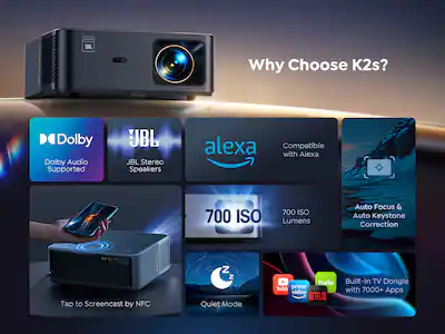 Yaber K2s 1000 ANSI WiFi 6 Bluetooth Projector, JBL, Dolby Audio Yaber K2s 1000 ANSI WiFi 6 Bluetooth Projector, JBL, Dolby Audio