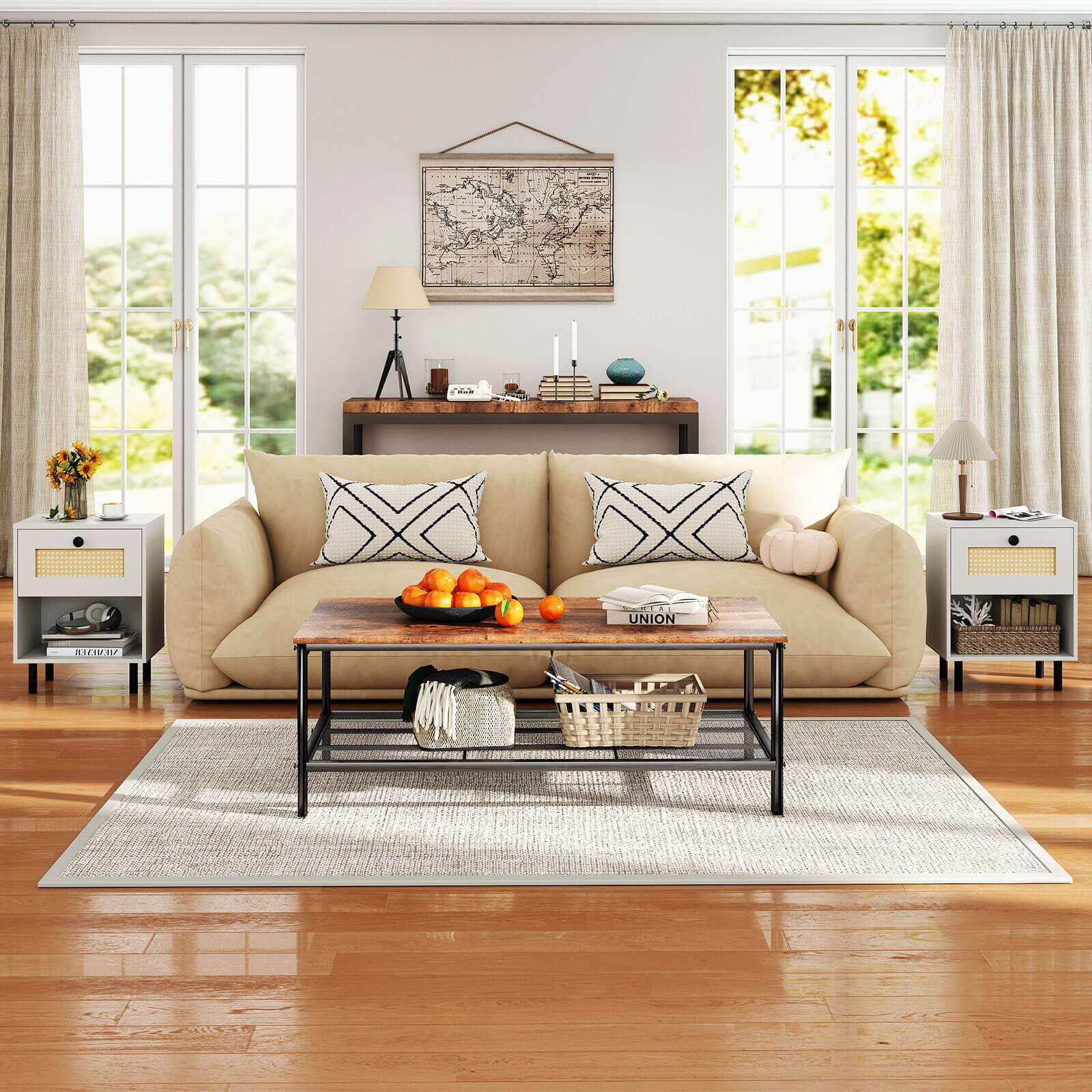 Alt View 5. Costway - Costway 1 PCS Rattan Nightstand Boho End Table with Drawer & Open Shelf for Living Room - White.