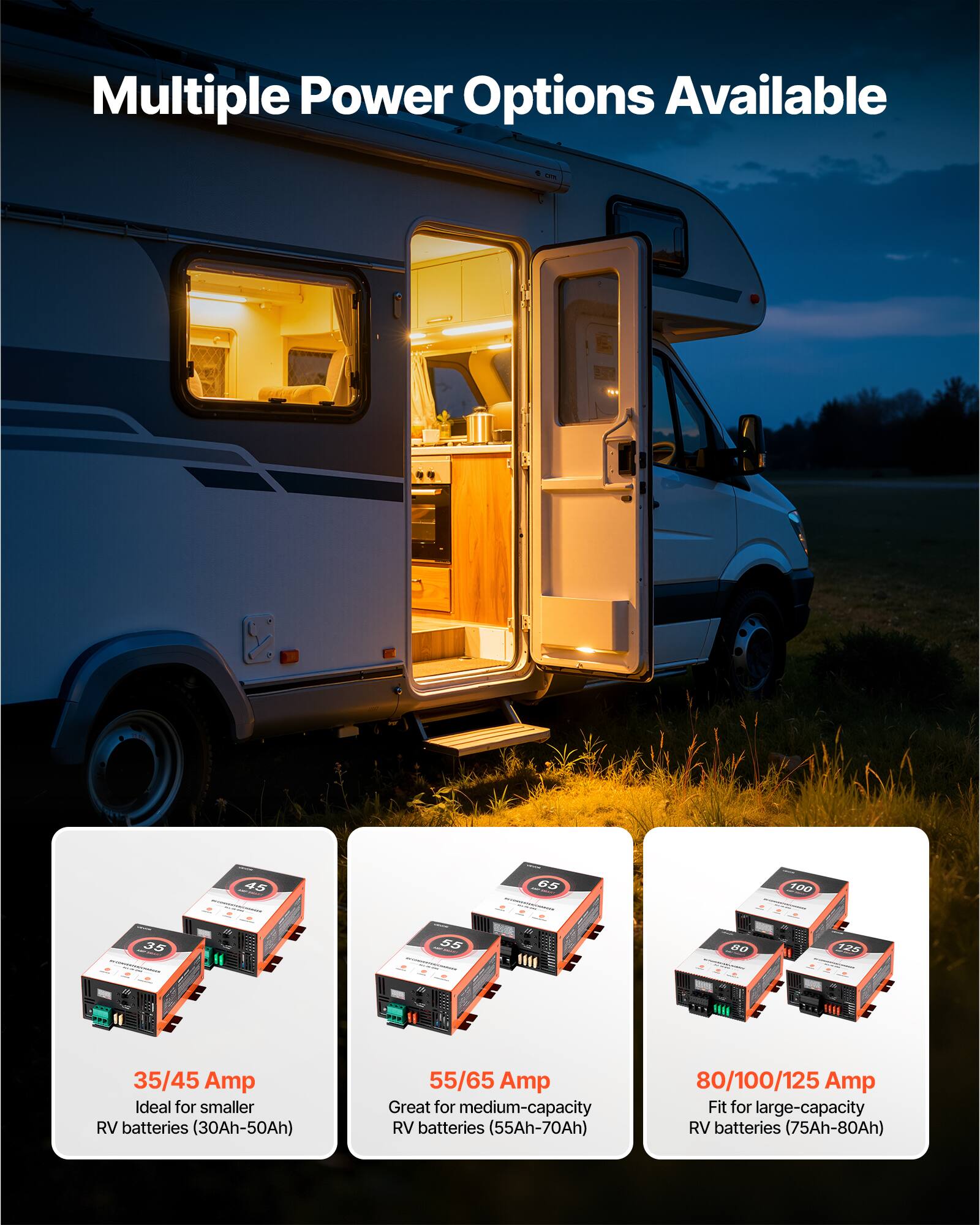 Multiple Power Options Available

45
65
100
35
55

80
125

35/45 Amp Ideal for smaller RV batteries (30Ah-50Ah)
55/65 Amp Great for medium-capacity RV batteries (55Ah-70Ah)
80/100/125 Amp Fit for large-capacity RV batteries (75Ah-80Ah)