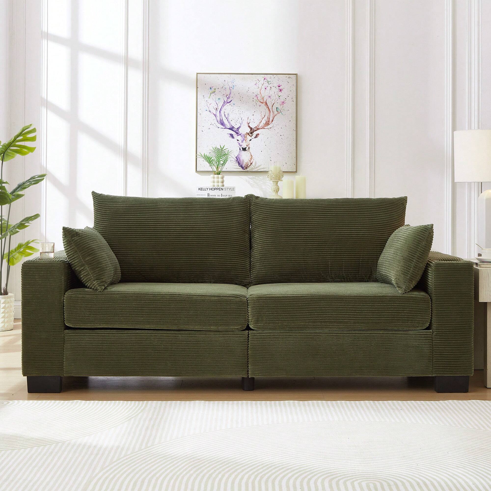 Trinkets Crazed - 78" Corduroy Loveseat Sofa Couch, Comfy Couches For Living Room, Modern Sofa With Cup Holders - Green