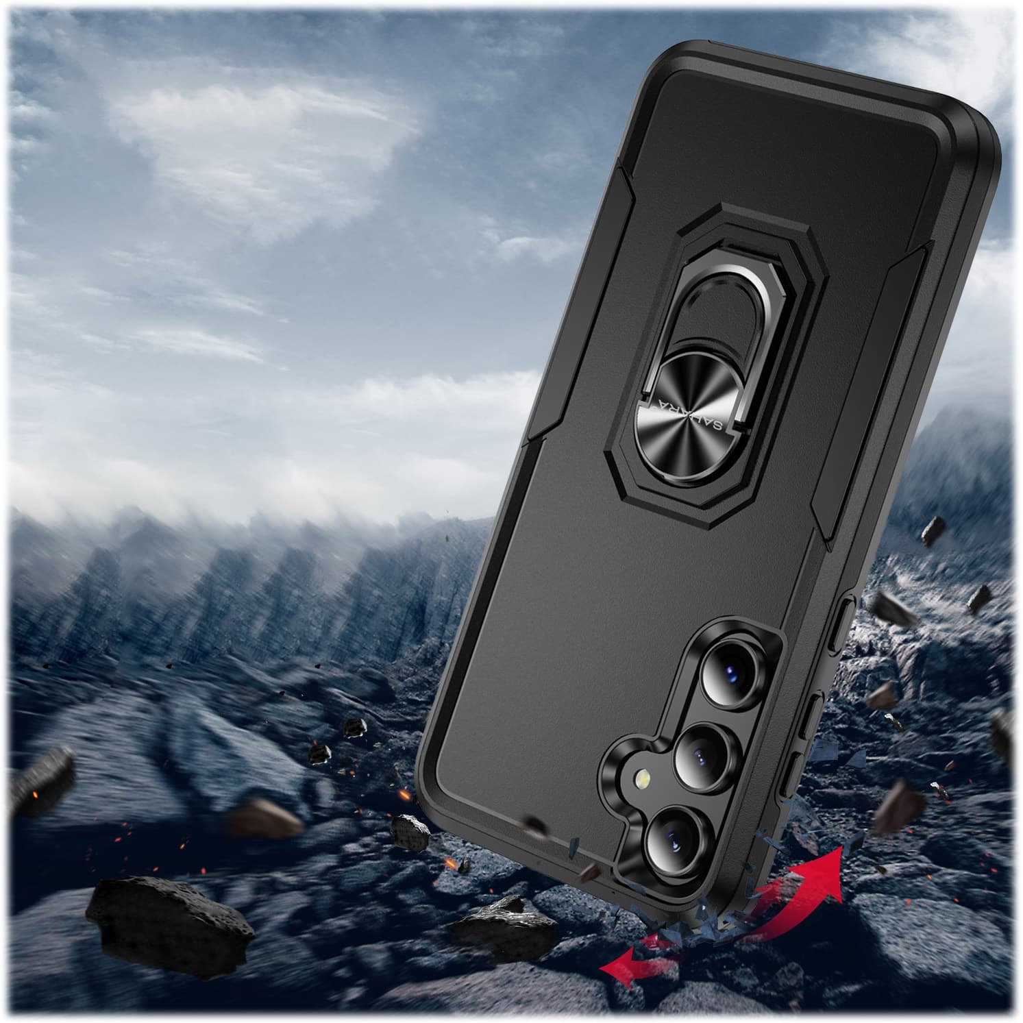 The image features a black cell phone case with a unique design, which is being showcased in a dramatic setting. The case is placed on a rocky surface, and there are rocks and a mountain in the background. The case is prominently displayed, drawing attention to its design and the surrounding environment. The image is likely intended to highlight the durability and protection offered by the case, as well as its stylish appearance.