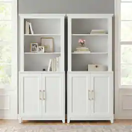 Martha Stewart - Bedford Set of 2 Modular Cabinets and 2 Hutch Set, Premium Hardware, Open Top Shelves, Soft-Close Doors - White Frame/Gold Hardware