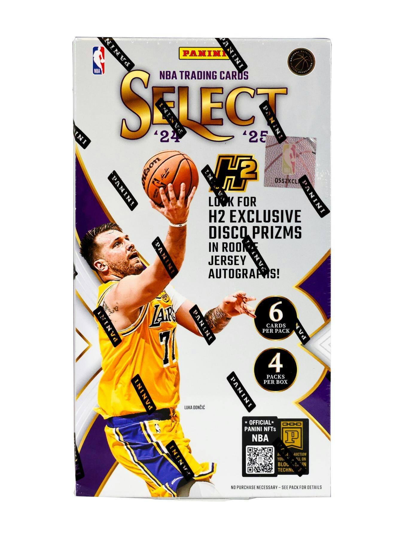 PANINI NBA TRADING CARDS  
SELECT '24 '25  
H2  

LOOK FOR H2 EXCLUSIVE DISCO PRIZMS IN ROOKIE JERSEY AUTOGRAPHS!  

6 CARDS PER PACK  
4 PACKS PER BOX  

PANINI OFFICIAL*  
PANINI NFTs  
NBA  

NO PURCHASE NECESSARY - SEE PACK FOR DETAILS  

LUKA DONCIC