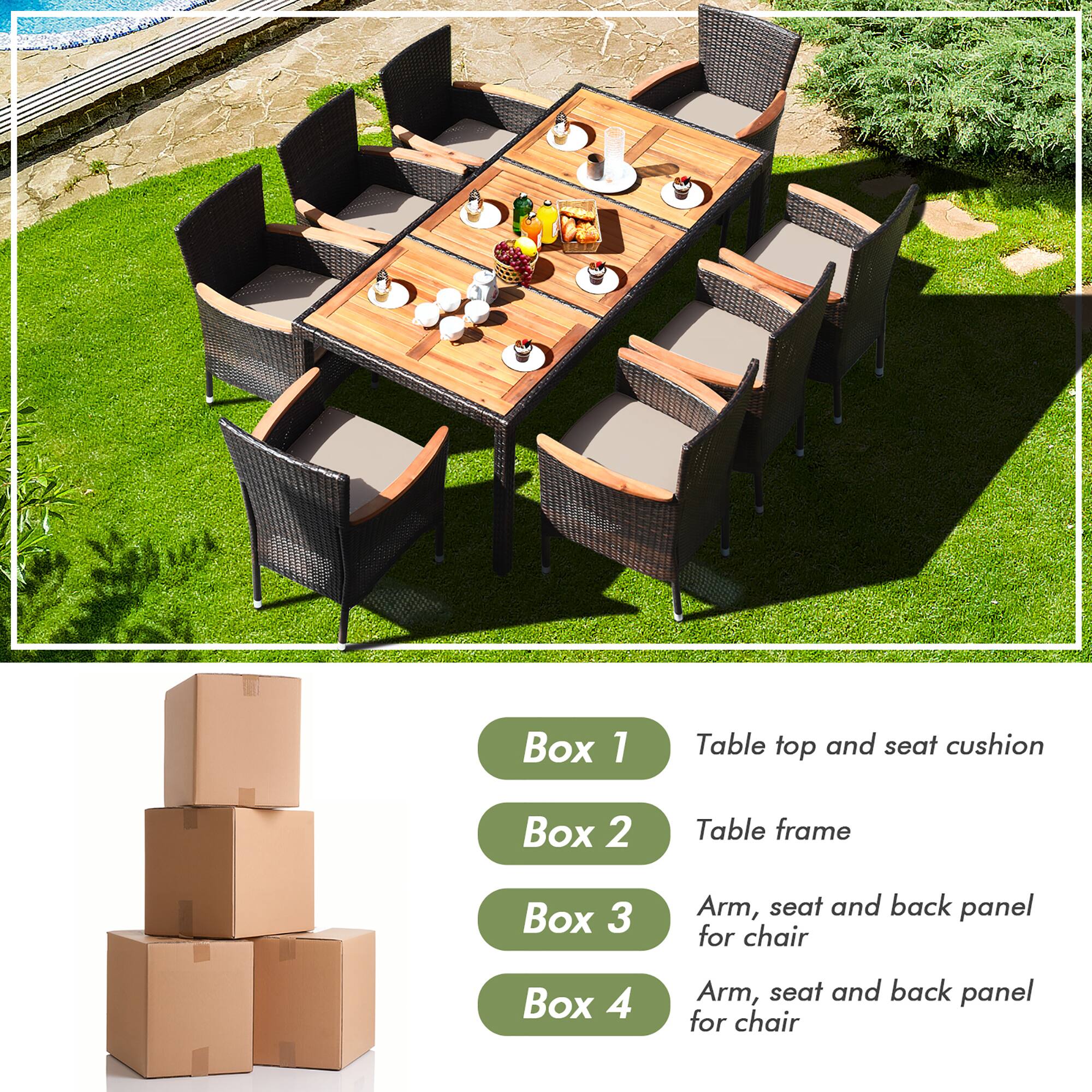 Box 1: Table top and seat cushion
Box 2: Table frame
Box 3: Arm, seat and back panel for chair
Box 4: Arm, seat and back panel for chair