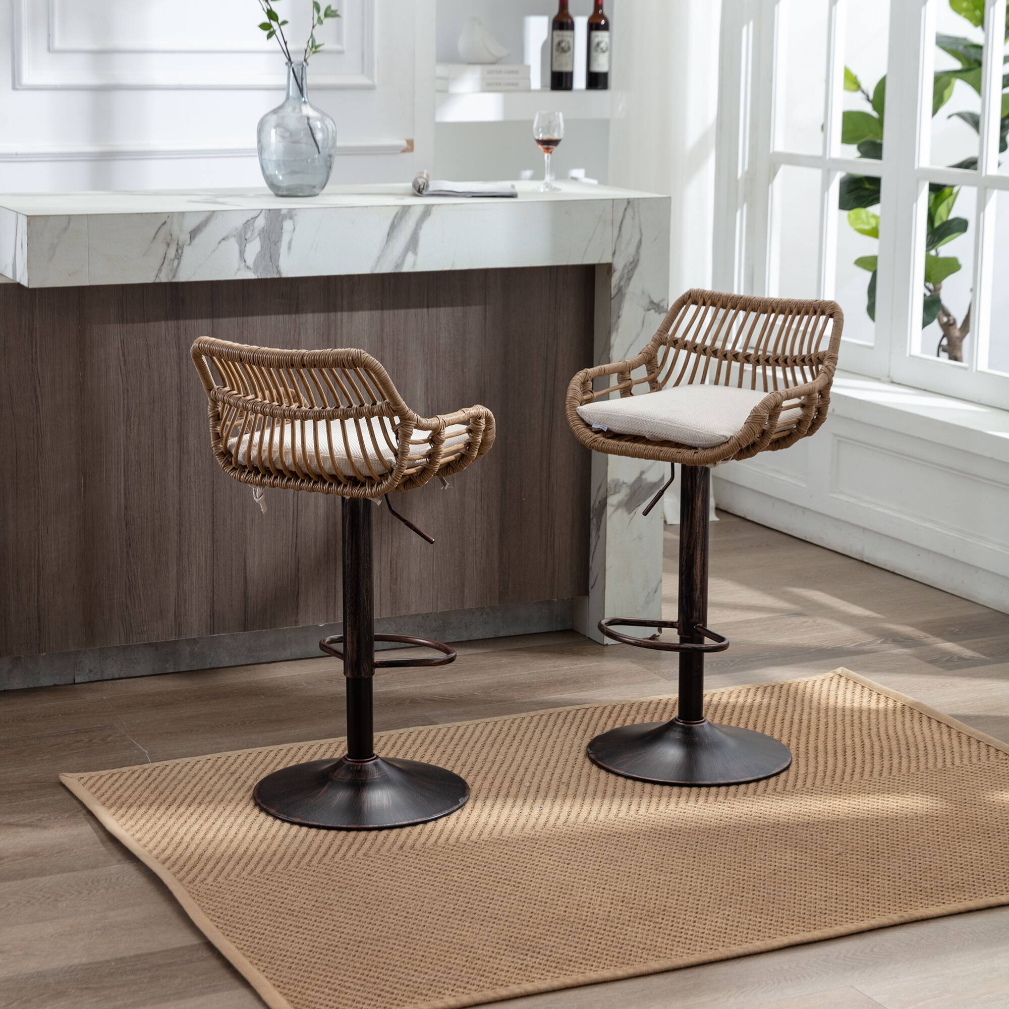 Left. Trinkets Crazed - Rattan Bar Stools Set of 2, Adjustable Barstools with Linen Cushion, 360° Swivel Bar Stool for Kitchen and Bar - Beige.