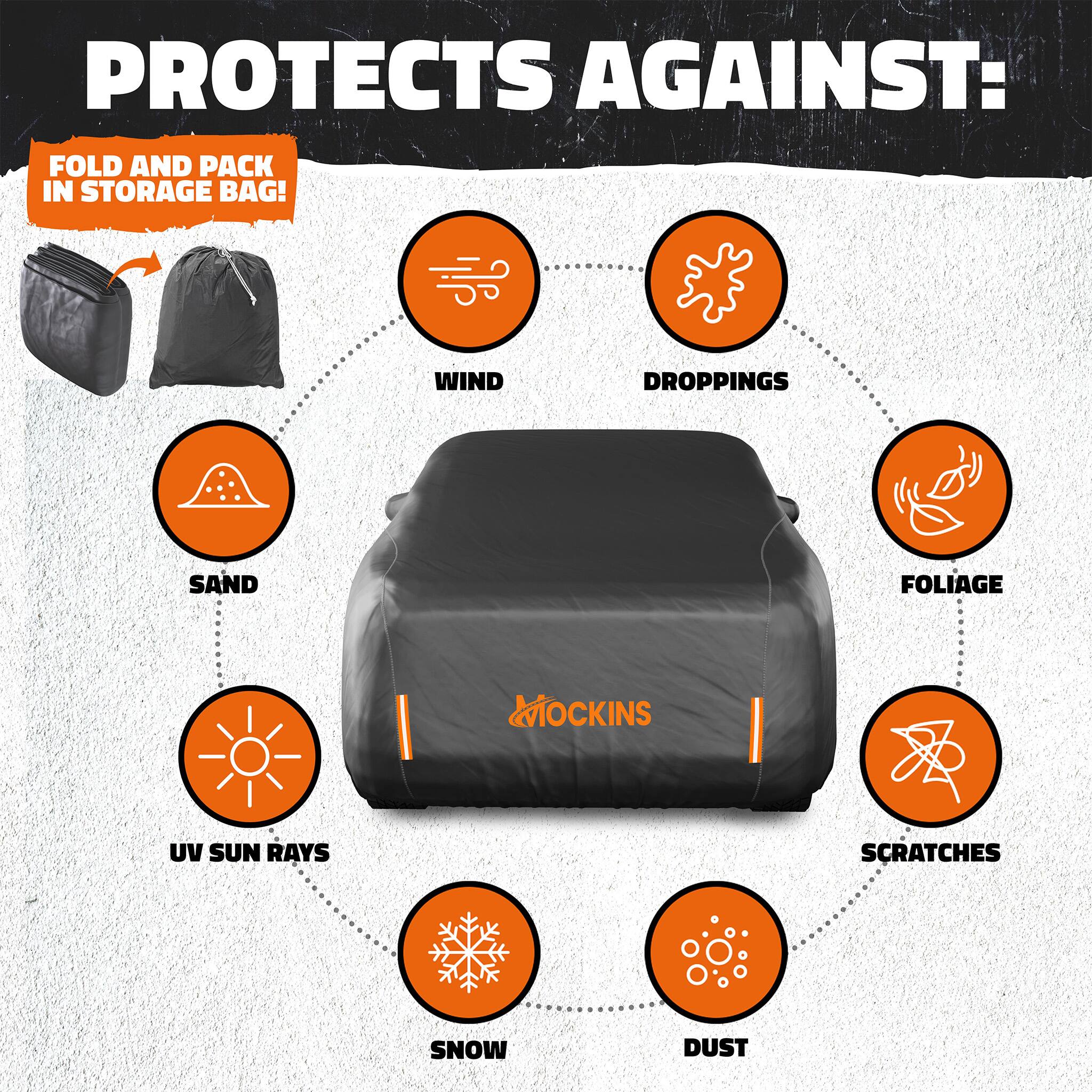 PROTECTS AGAINST:  
FOLD AND PACK IN STORAGE BAG!  
WIND  
DROPPINGS  
SAND  
UV SUN RAYS  
SNOW  
DUST  
FOLIAGE  
SCRATCHES