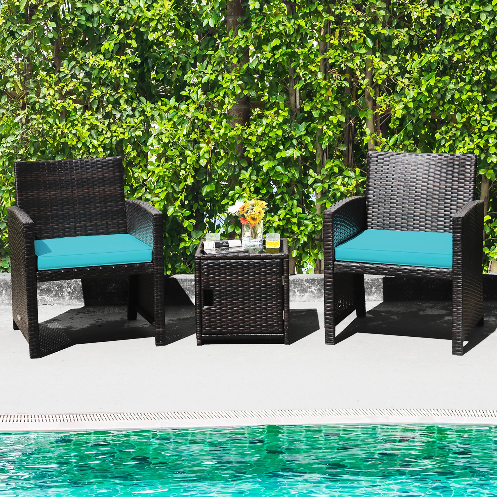 Alt View 1. Costway - 3PCS Patio Wicker Furniture Set Storage Table W/Protect Cover - Turquoise,Mix Brown.
