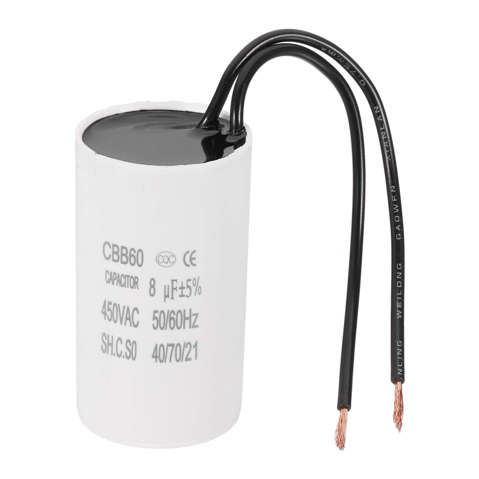 Unique Bargains - 8uF CBB60 Running Capacitor, AC 450V 2 Wires 50/60Hz for Refrigerators, Washing Machines, Water Pumps - White