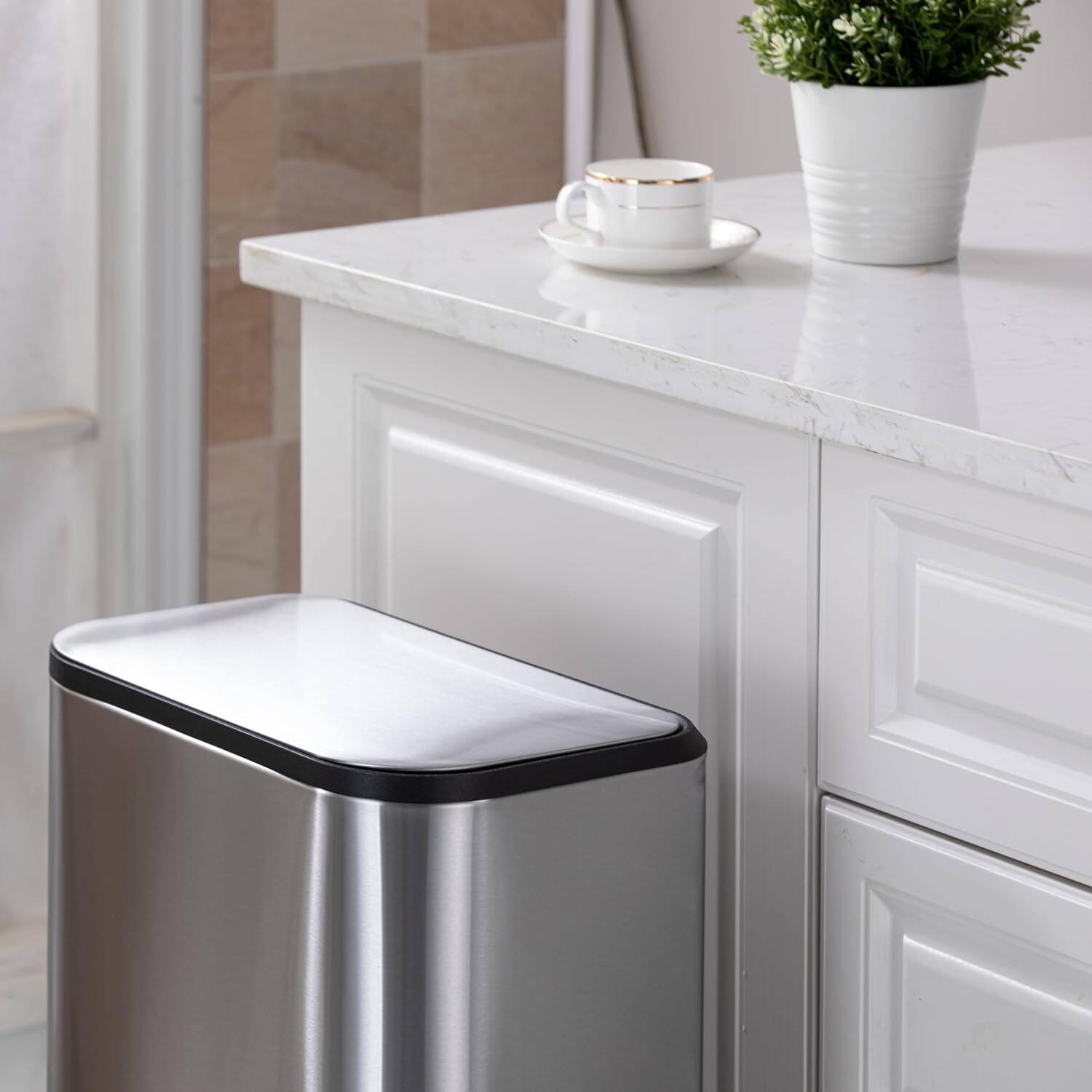 Alt View 4. Homhougo - 13.2 Gal/50L Trash Can, Slim Rectangular Step-On Stainless Steel Garbage Can, Soft-Close Lid - Silver.
