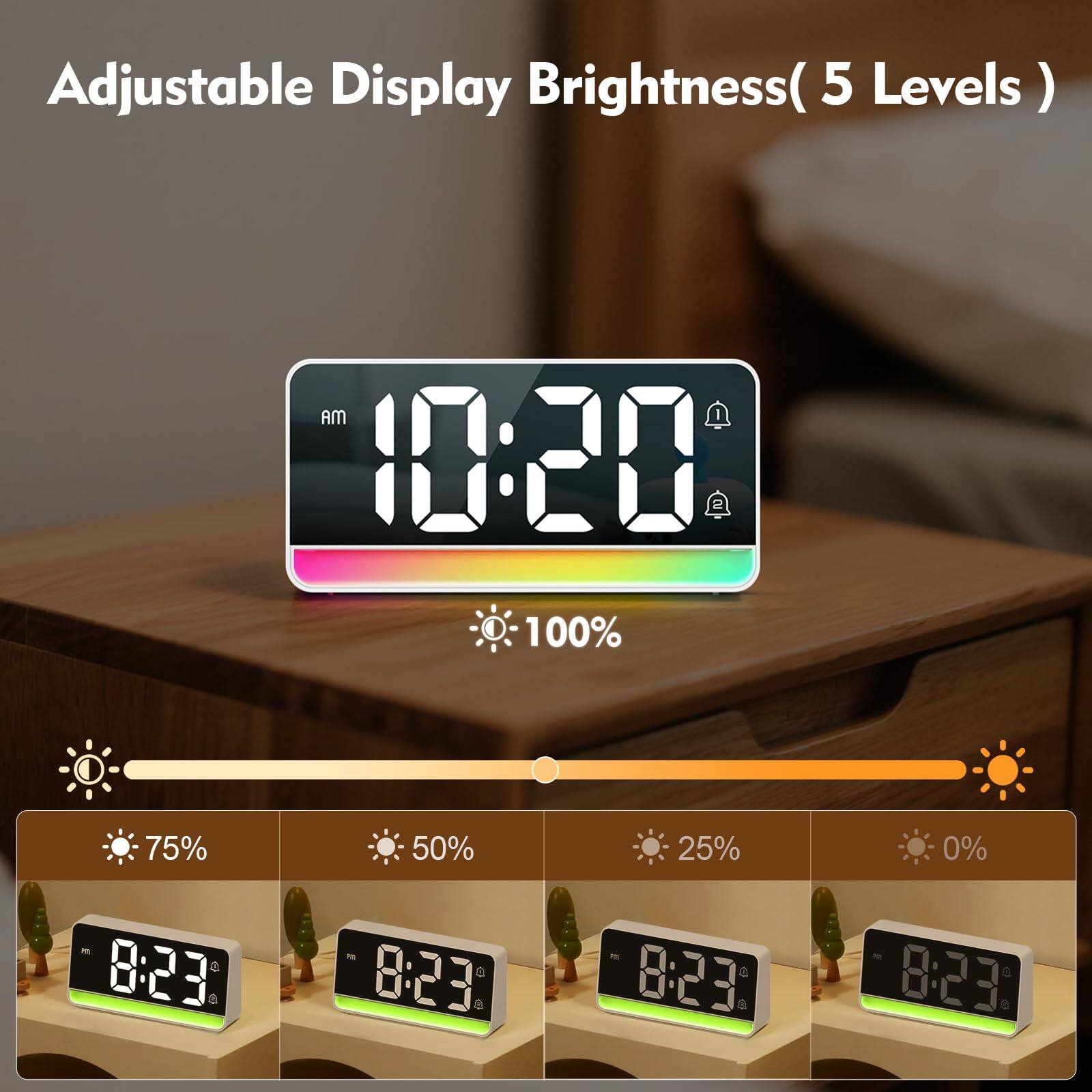 Adjustable Display Brightness (5 Levels)

AM 10:20 100%

8:23 75%

8:23 50%

8:23 25%

8:23 0%