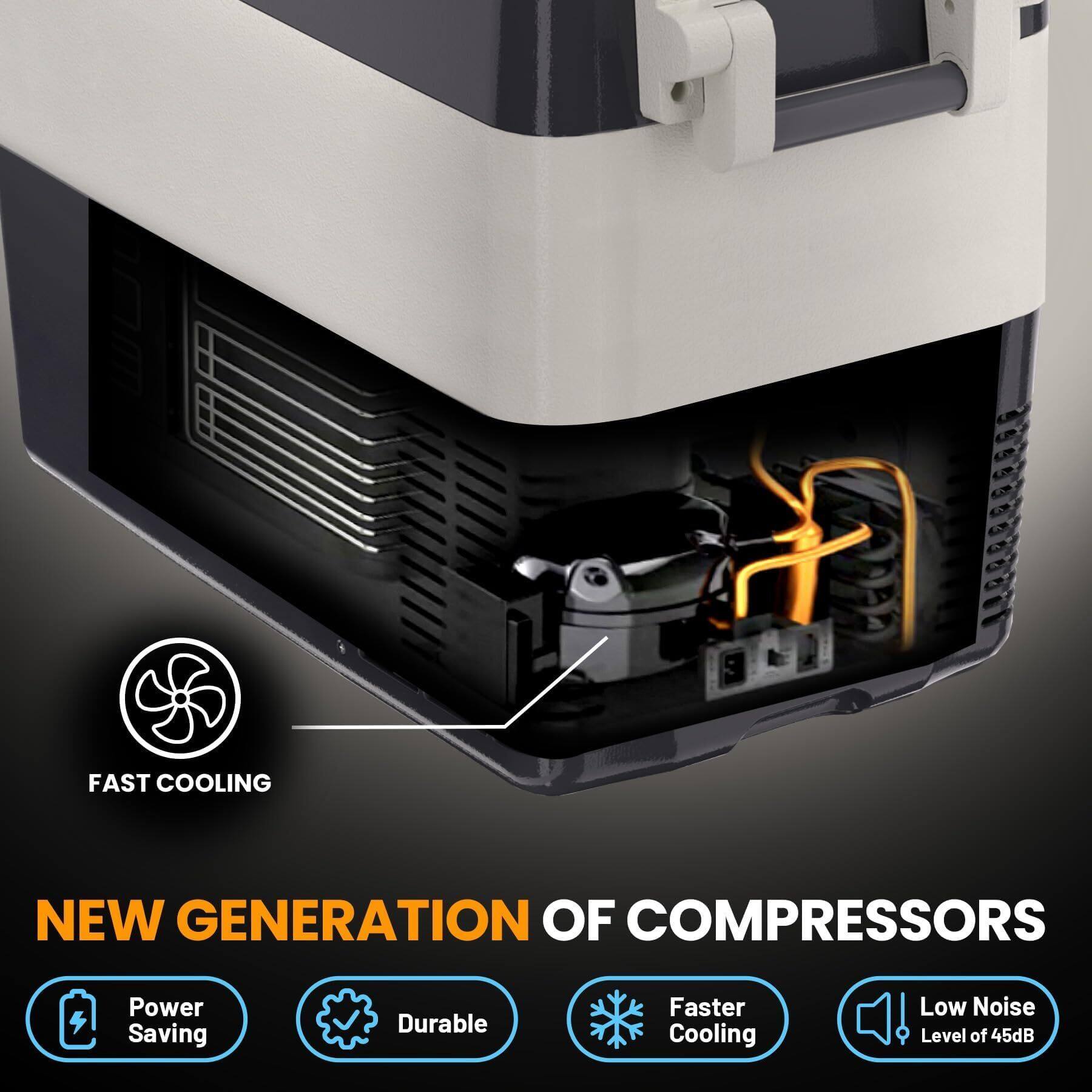 FAST COOLING

NEW GENERATION OF COMPRESSORS

- Power Saving
- Durable
- Faster Cooling
- Low Noise Level of 45dB