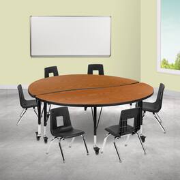 Emma + Oliver - Mobile 60" Circle Wave Collaborative Laminate Activity Table Set with 12" Student Stack Chairs, Grey/Black - Oak