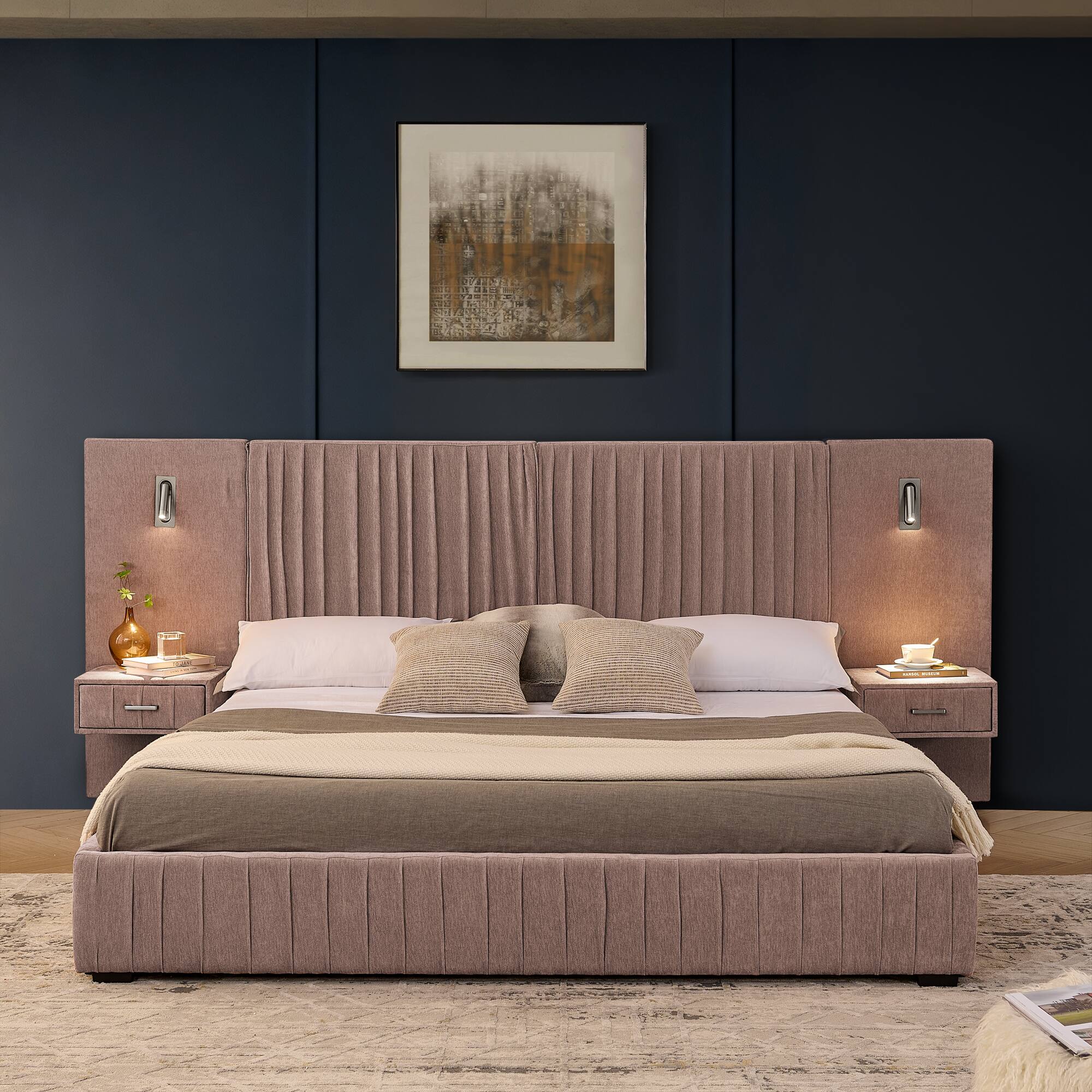 Left. Anysun - King Chenille Upholstered Platform Bed with Pleated Design & Headboard - Solid Frame, Side Table, No Box Spring Needed - Pink.