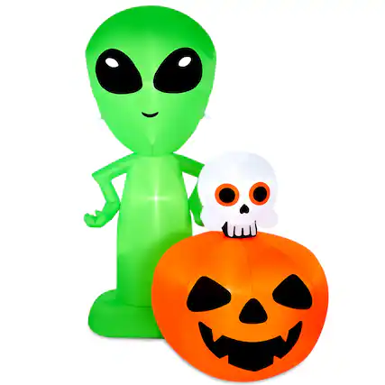 Front. CAMULAND - 6.8FT Inflatable Alien with Pumpkin Halloween Outdoor Decorations - Green Orange.