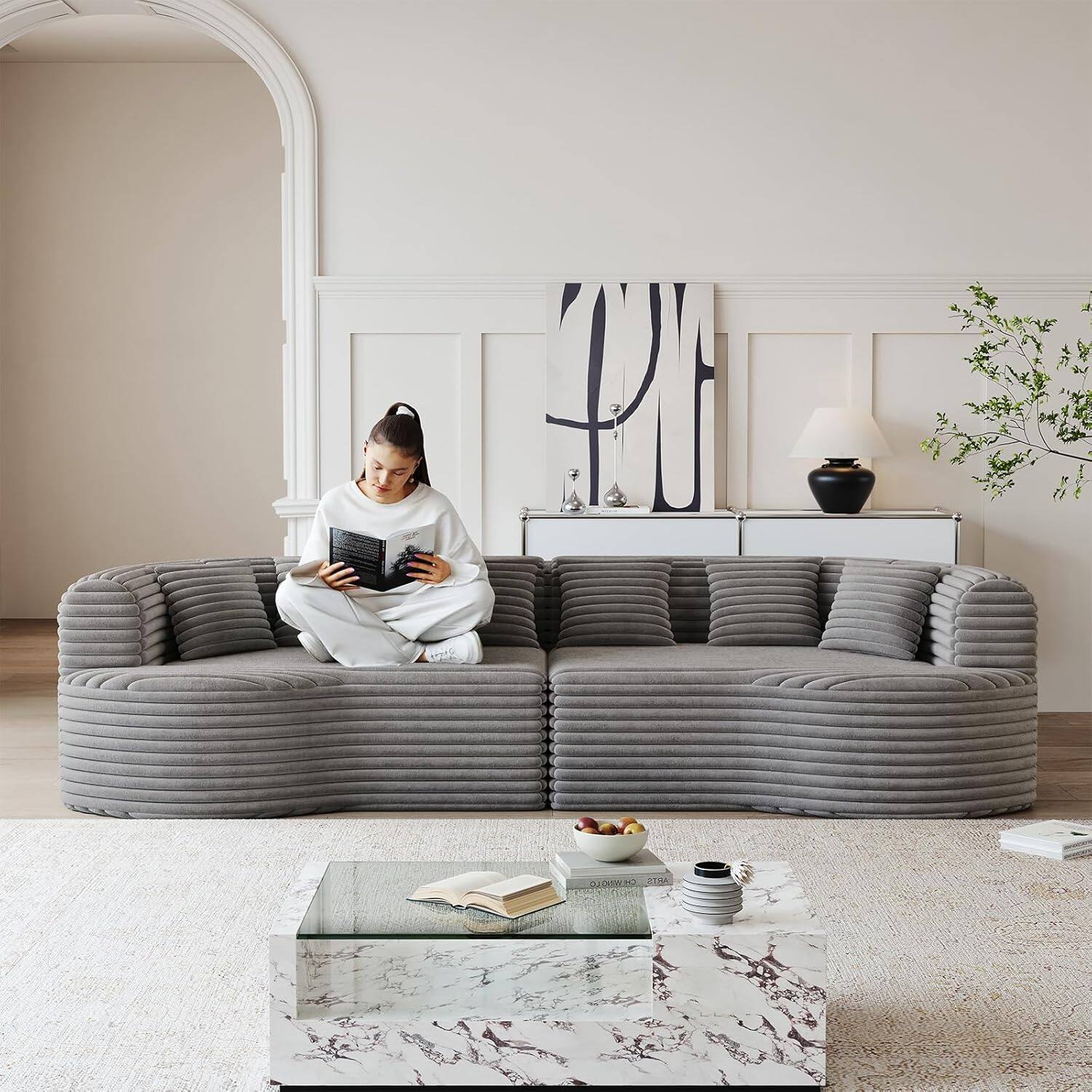 Alt View 5. Trinkets Crazed - 106.3" Curved Sectional Sofa Oversized Deep Seat Cloud Couch with 6 Pillows - gray.