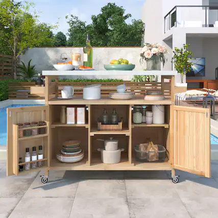Front. PexFix - Solid Wood Outdoor Kitchen Island with Stainless Top, Rolling BBQ Grill Cart with Storage, Spice & Towel Rack for Patio - Natural.