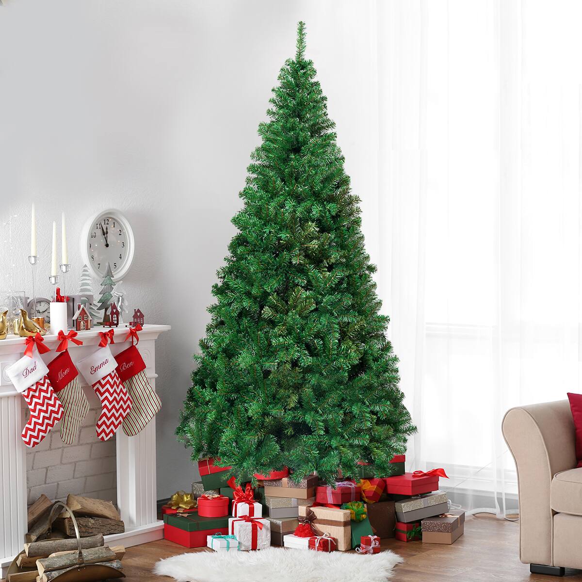 I cannot group or correct the text as it does not appear to be related to the image. The image features a green Christmas tree in a living room, surrounded by presents and a fireplace.