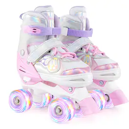 Costway - 4 Sizes Adjustable Quad Skates with Light-up Wheels Safety Protection for Ages 8-13 - Pink