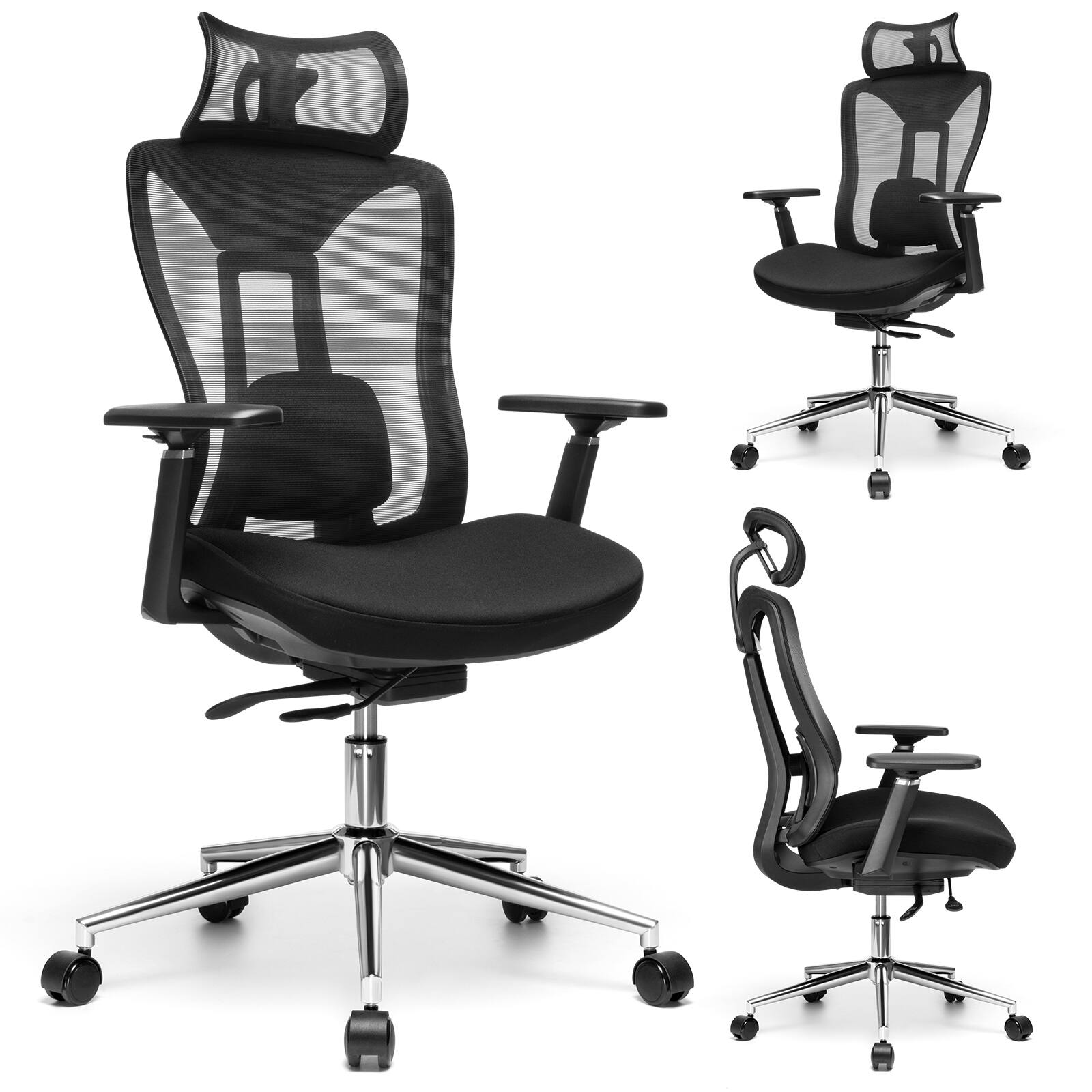 Front. Sugift - Ergonomic Mesh Office Chair with Adjustable Headrest, Lumbar Support and Armrests - Black.