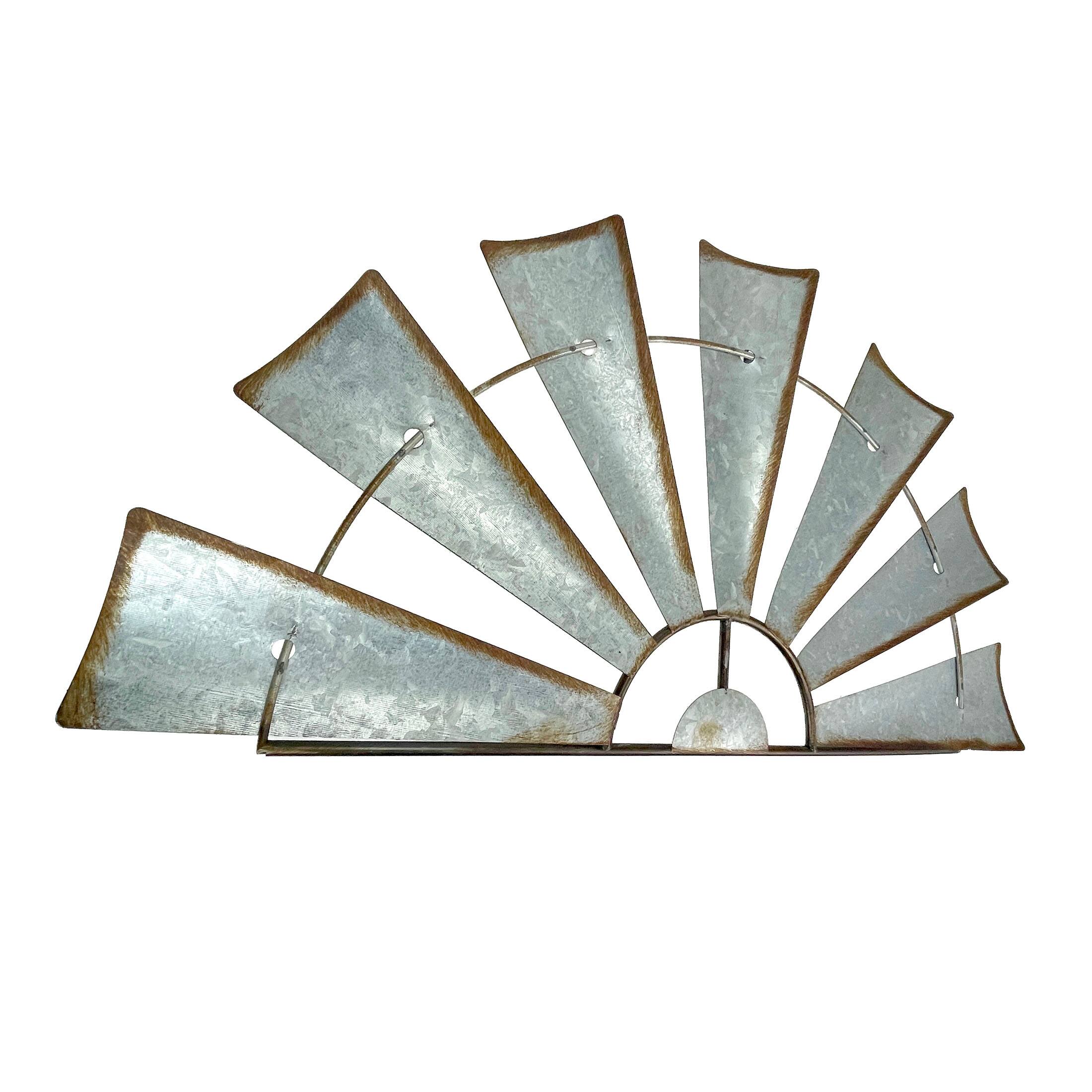 Alt View 2. Zeckos - Pair of Distressed Metal Half Moon Windmill Wall Sculptures - Silver.