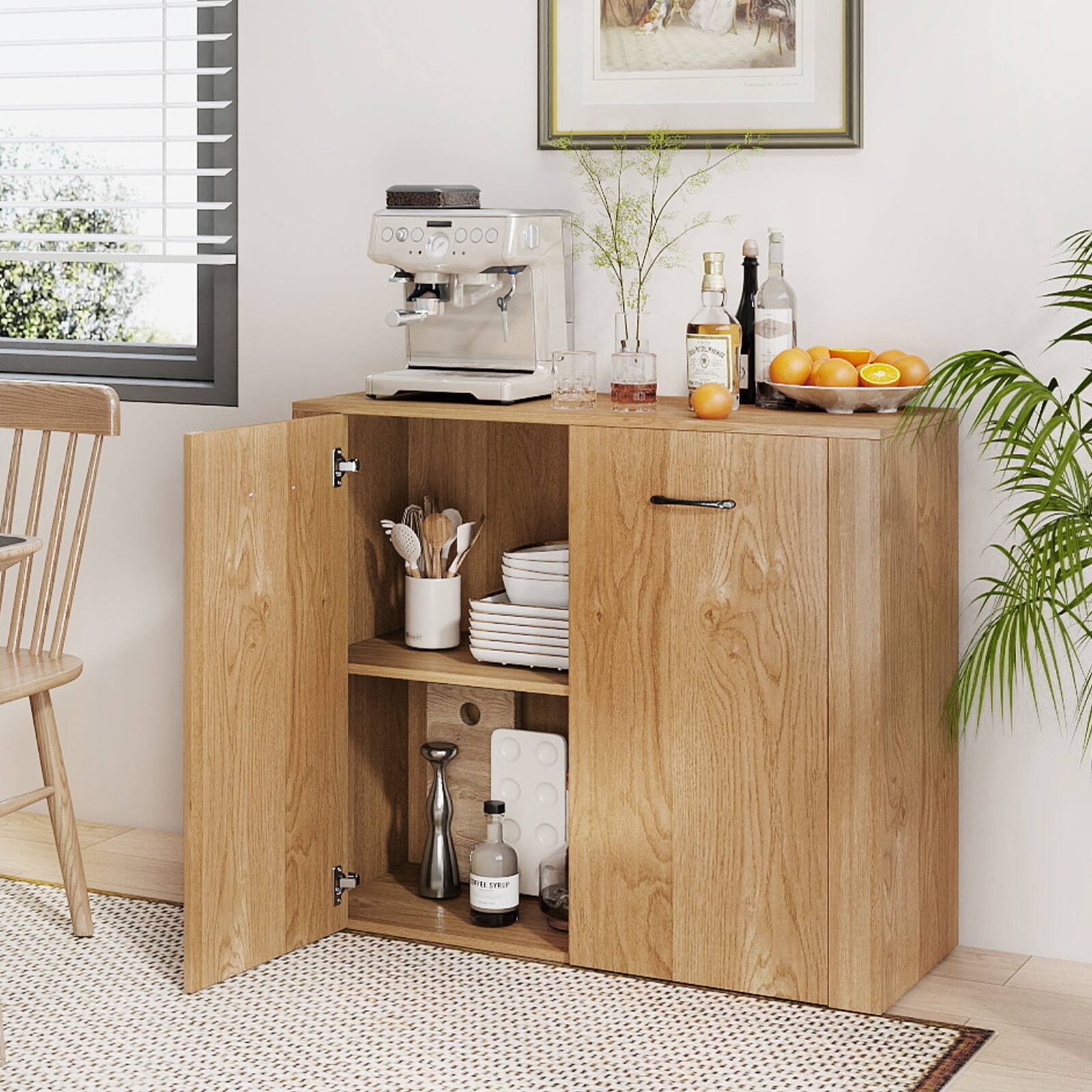 Alt View 1. Gymax - Gymax Floor Storage Cabinet Buffet Sideboard w/ Double Doors Wooden Coffee Bar Station Natural - Yellow.