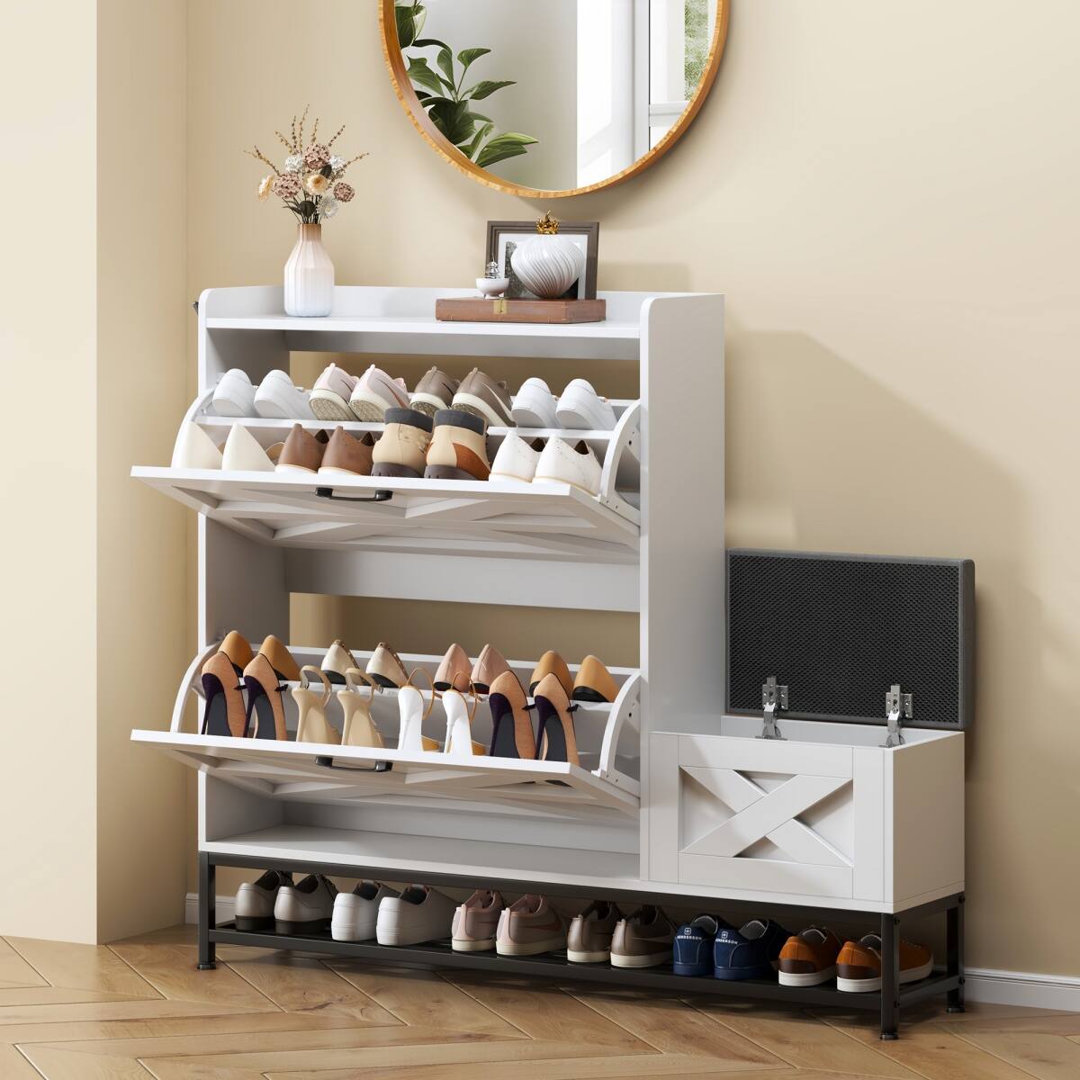 Angle. HTUTWOO - Farmhouse Shoe Cabinet with Built-In Bench – Large Capacity 16-Pair Storage Organizer for Entryway & Small Spaces - White.