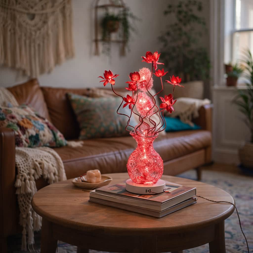FC Design - 24"H Red Elegant Vase & Floral Stem Red Changing Light Table Lamp