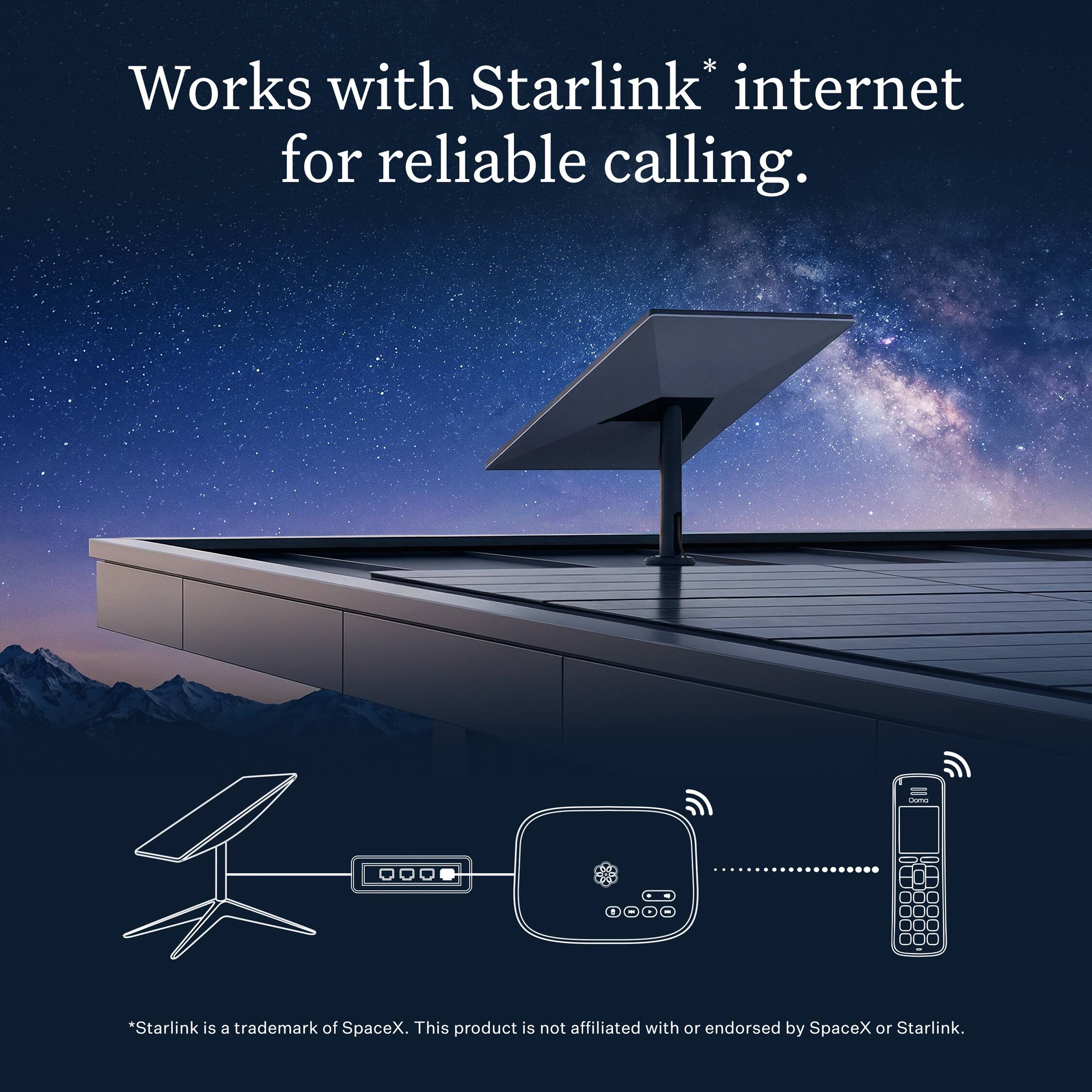 Works with Starlink* internet for reliable calling.

*Starlink is a trademark of SpaceX. This product is not affiliated with or endorsed by SpaceX or Starlink.