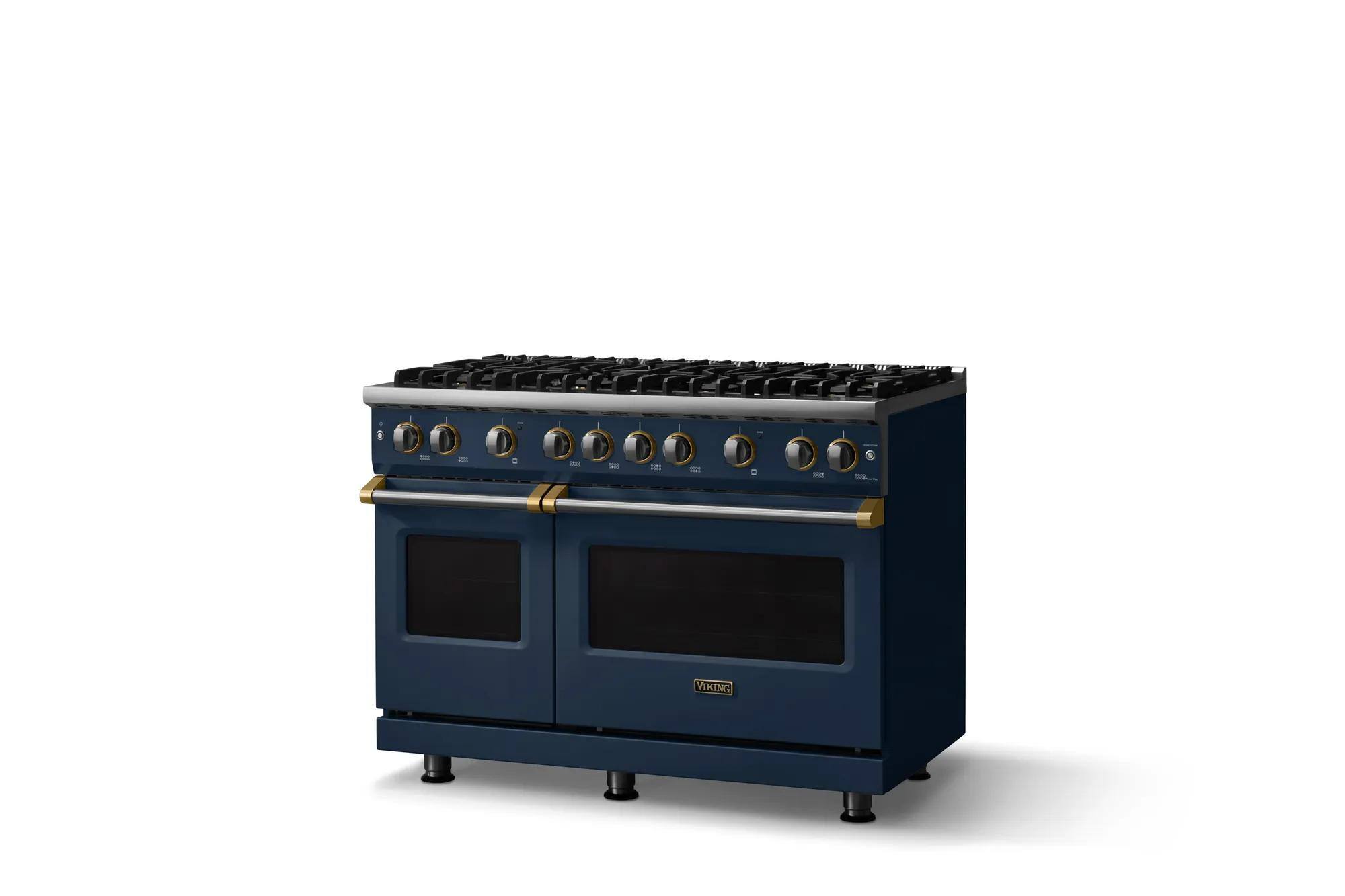 Angle. Viking - Pro 5 Series 6.1 Cu. Ft. Freestanding Sealed 8 Burner LP Gas Convection Range - Slate Blue w. Brushed Brass - Slate Blue.