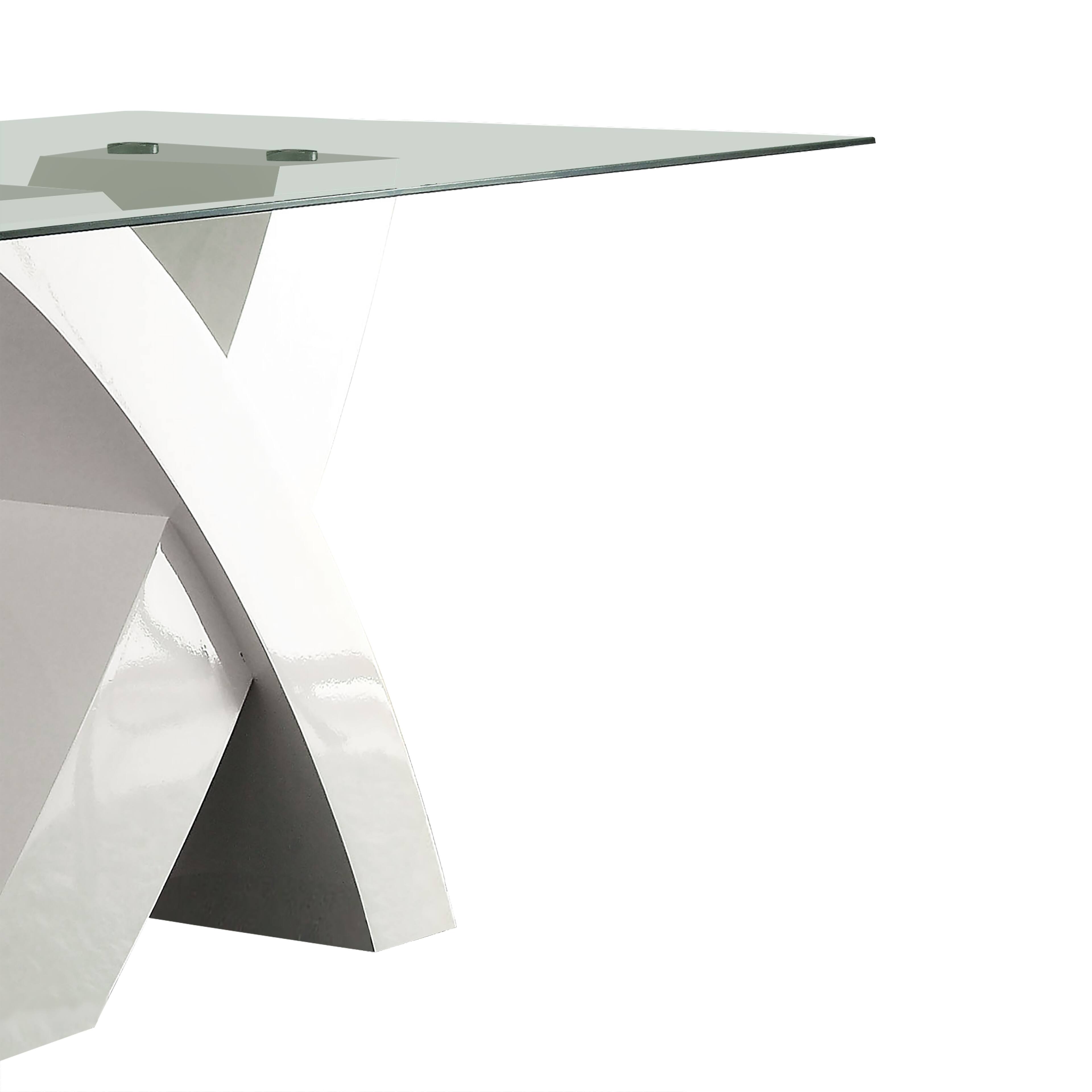 Alt View 2. Manhattan Lane - Glass Top Dining Table With X Shape Wooden Base - White, Clear.