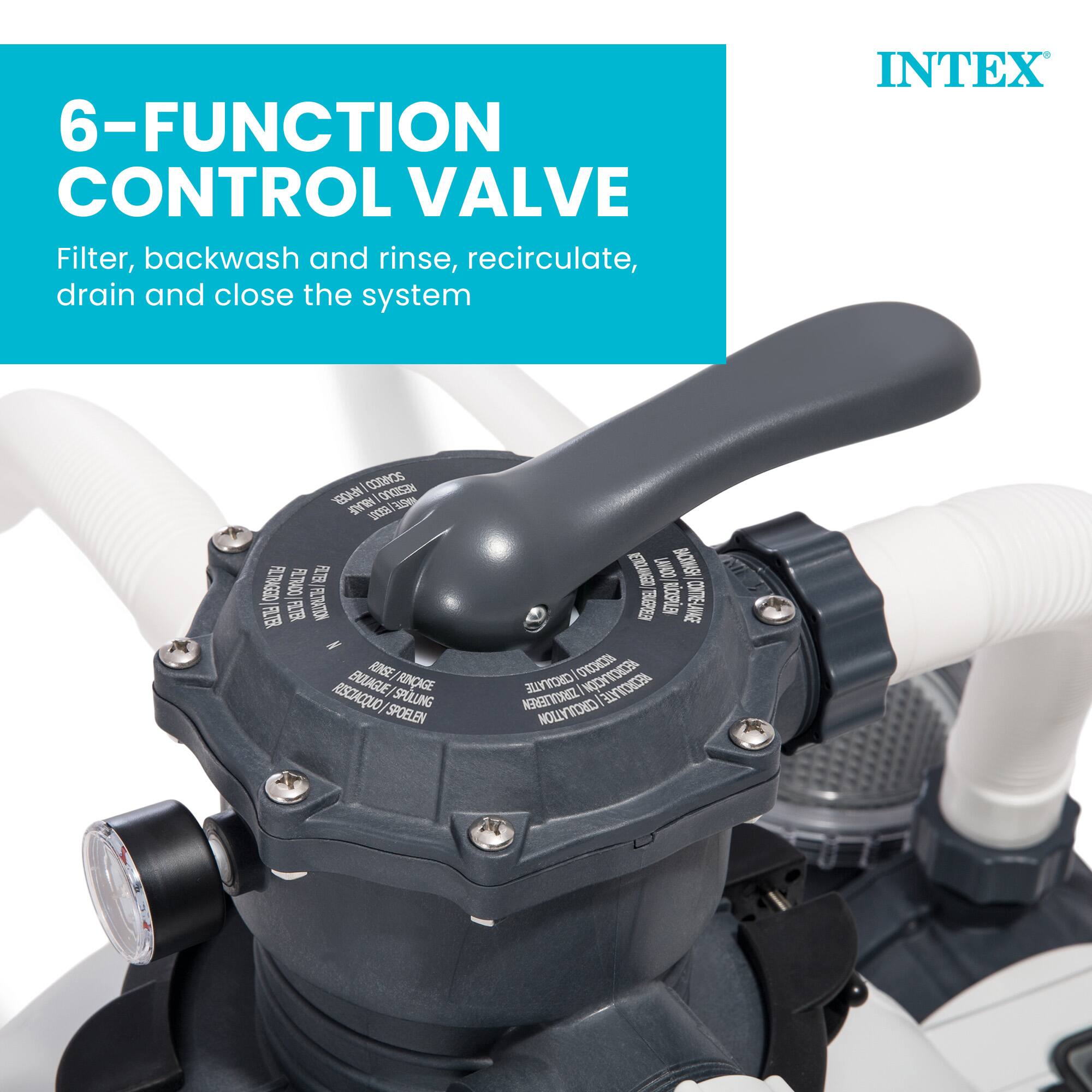 6-FUNCTION CONTROL VALVE  
Filter, backwash and rinse, recirculate, drain and close the system  

INTEX®  

COGECS C A 192 /30m 305 OA PLTCO FLT FUE FLTOACTION - ROEE/ UCAA EUUAGUE SPULLING RINAGE SPOELEN ZWO JAN NG BUETER TOPL R N CERCULATIE NEREITCIREZ SEREN ATE CIRCULATION